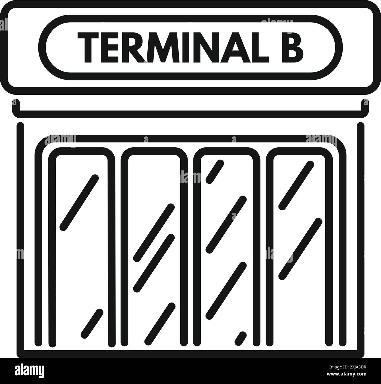 Semplice icona dell'esterno di un terminal aeroportuale che mostra più porte in vetro per i passeggeri che entrano e escono Illustrazione Vettoriale