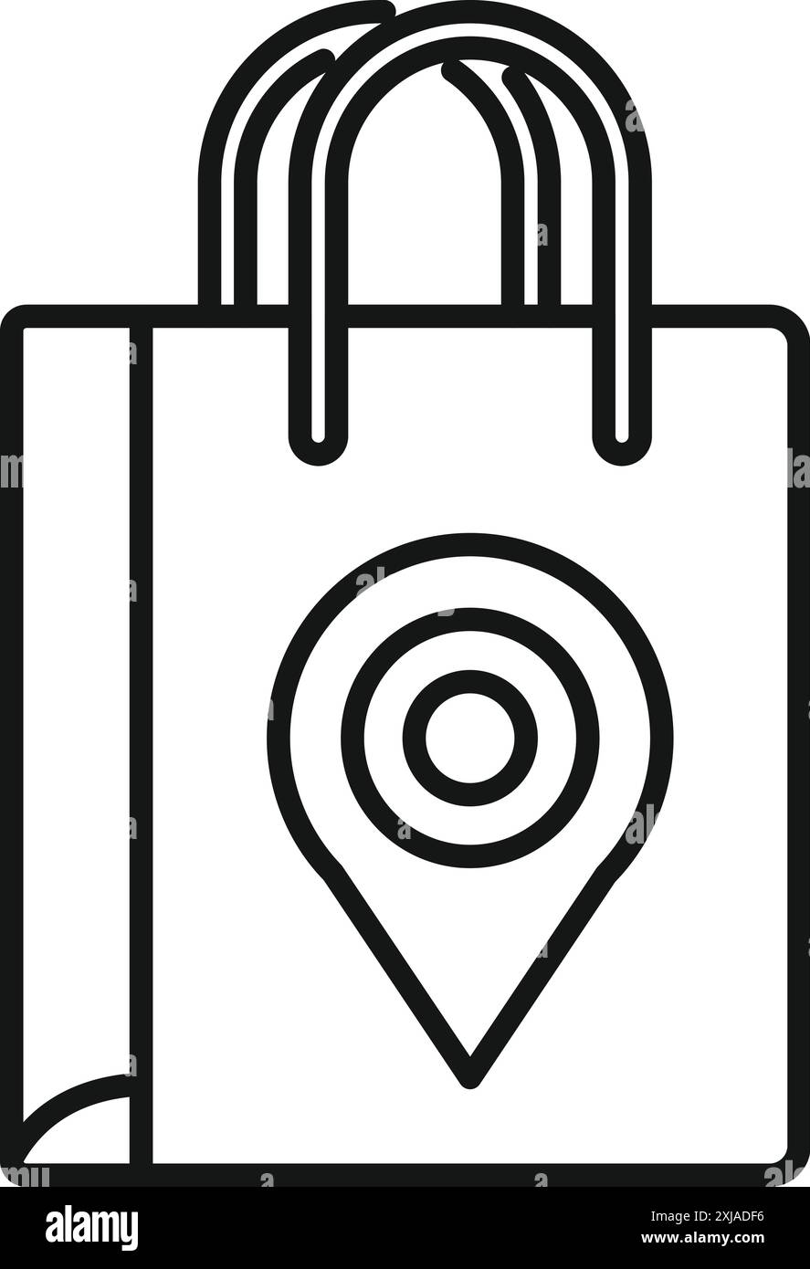 Semplice icona a forma di linea di una shopping bag con una spilla di posizionamento, che rappresenta lo shopping locale o i servizi di consegna Illustrazione Vettoriale