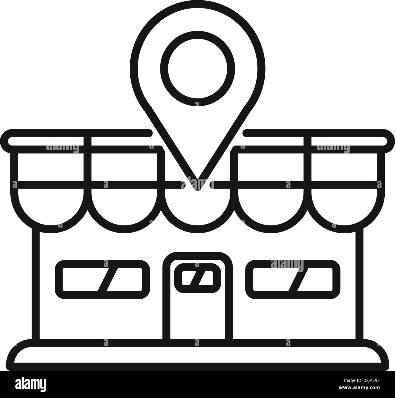Icona line art di un negozio con una spilla di posizione, che rappresenta la ricerca di un'azienda locale tramite un'app mappa Illustrazione Vettoriale