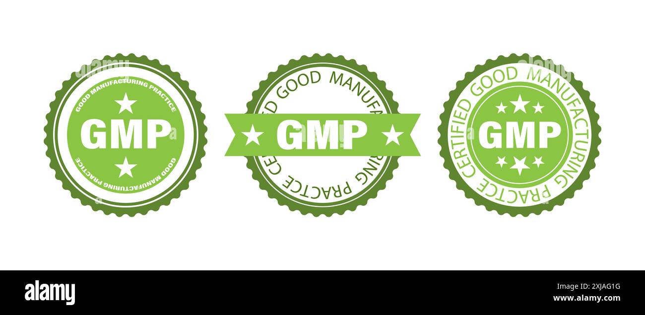 Tre sigilli verdi con testo bianco e stelle, ciascuno dei quali riporta l'abbreviazione GMP per Good Manufacturing Practice. La guarnizione centrale è accompagnata da una Illustrazione Vettoriale