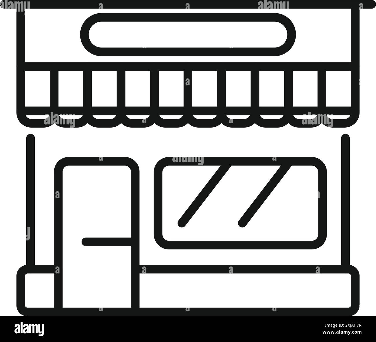 Esterno di una piccola azienda con una tenda a strisce, che suggerisce un accogliente punto vendita per lo shopping locale Illustrazione Vettoriale