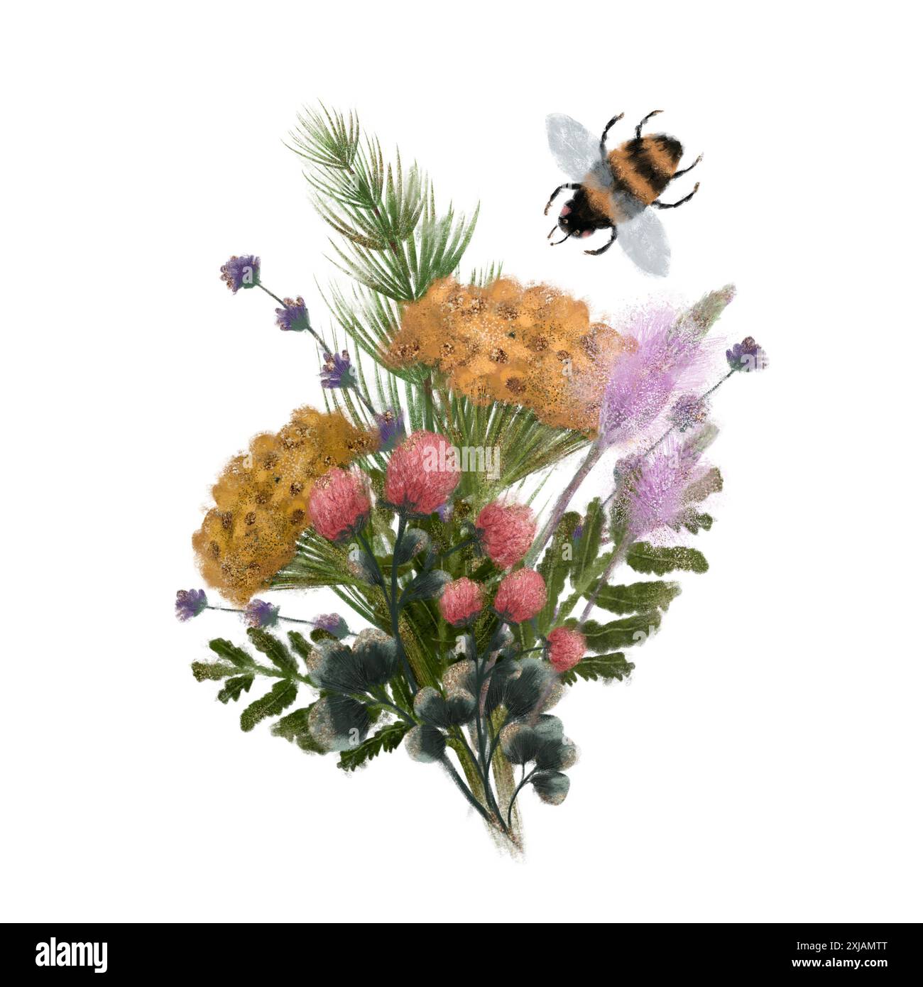 Un bellissimo bumblebee raffigurato artisticamente sorvolando fiori selvatici in un disegno dettagliato con elementi botanici Foto Stock