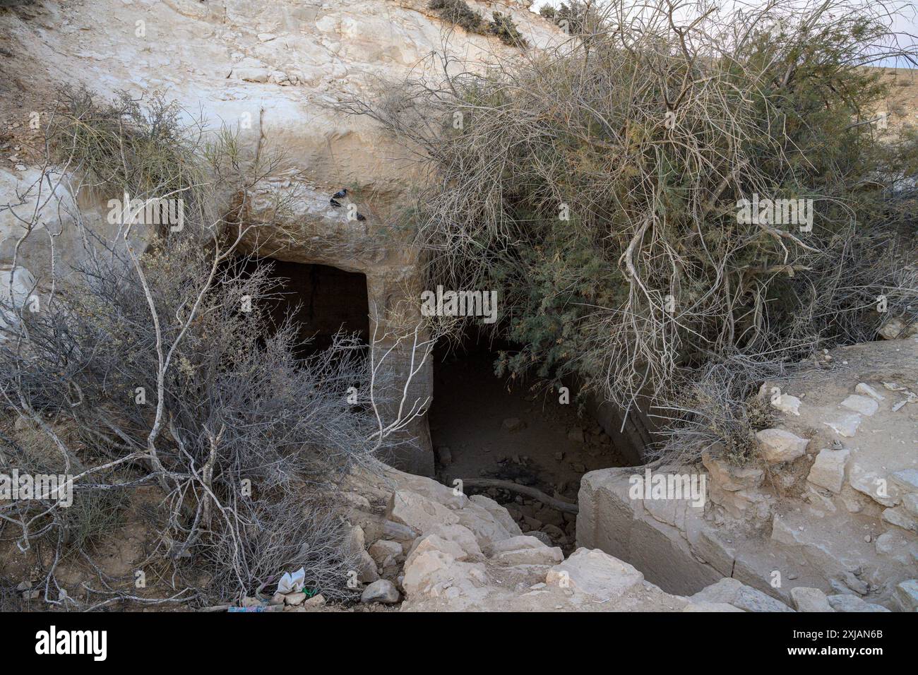 Cisterna d'acqua nabatea utilizzata per raccogliere l'acqua di inondazione fotografata al torrente Havarim (vicino a Kibbutz Sde Boker), Israele Foto Stock