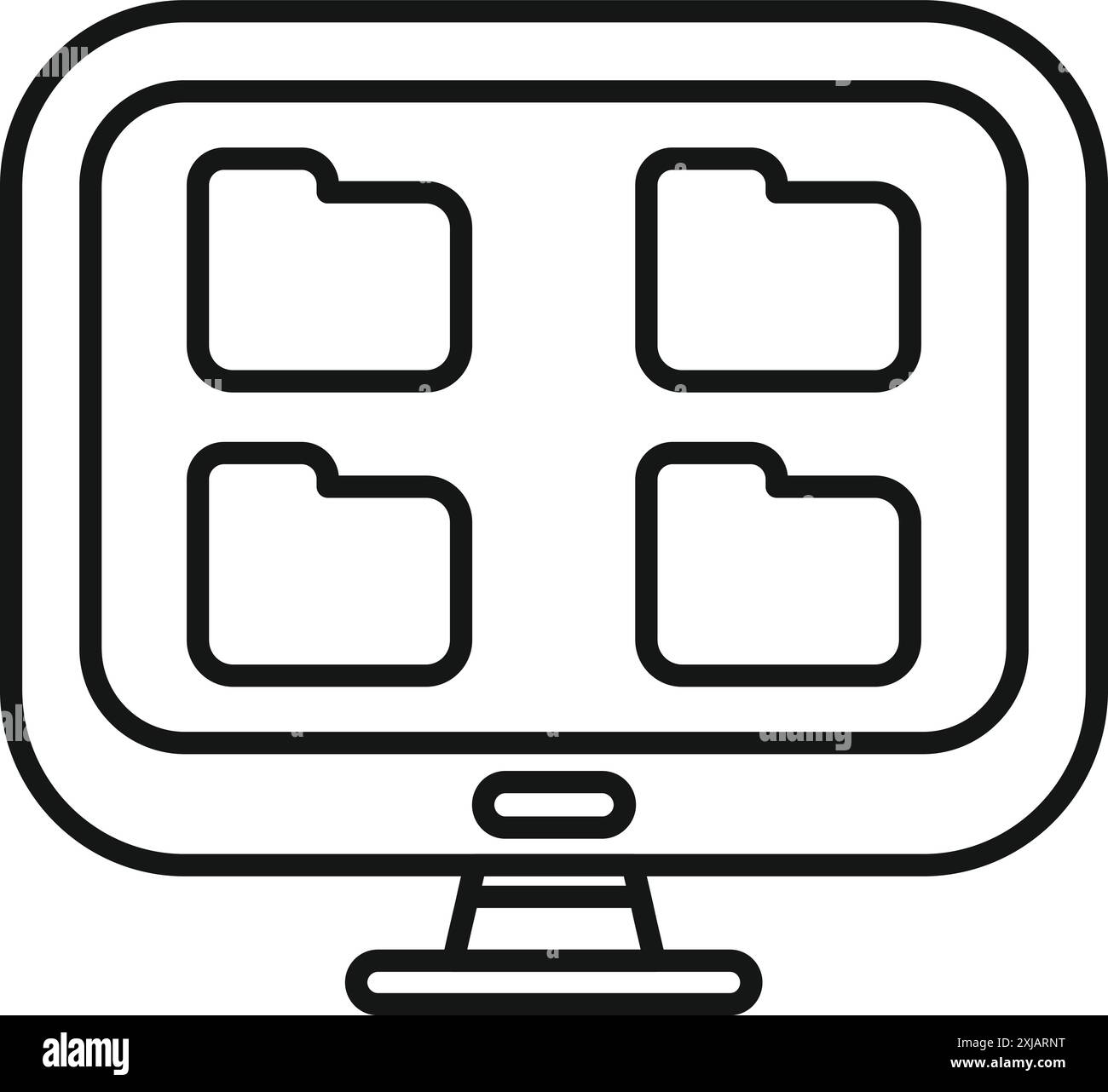 Semplice contorno di un monitor di computer che visualizza quattro cartelle, che rappresentano l'archiviazione dei dati digitali Illustrazione Vettoriale
