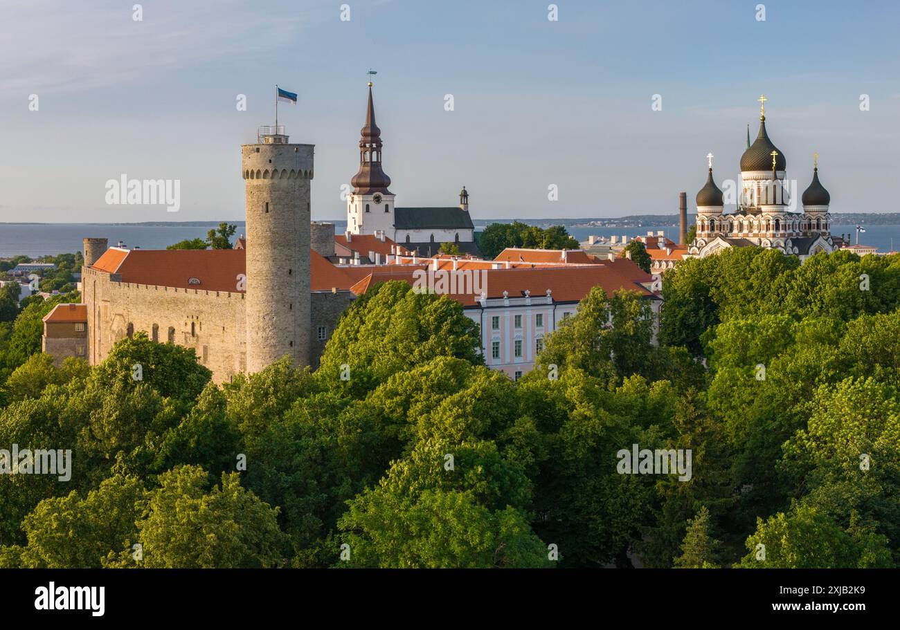 Foto aerea con drone della città vecchia di Tallinn in Estonia Foto Stock