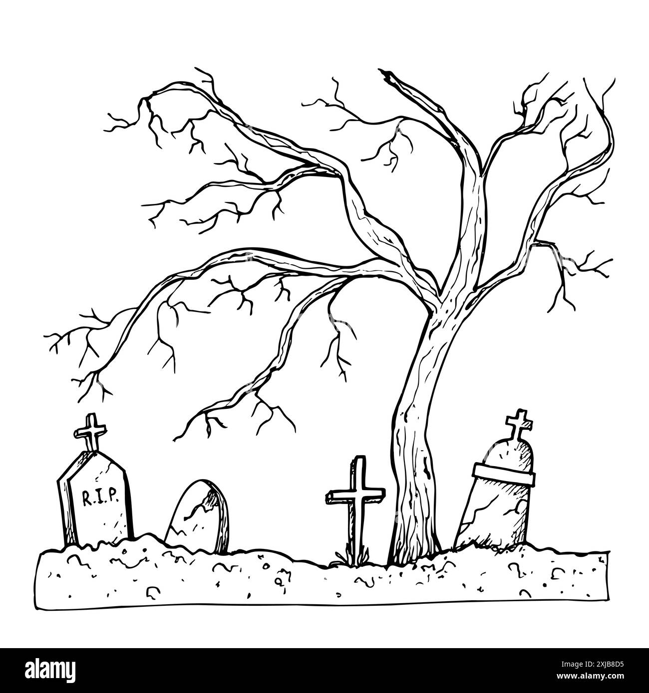Vector vecchio cimitero abbandonato. Illustrazione dell'albero autunnale lineare dipinto a mano. Grafica in pietra tombale monocromatica per tatuaggio, simbolo della morte, halloween, Illustrazione Vettoriale