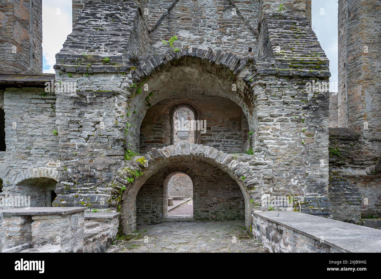 Rovine del monastero del XV secolo a Pirita, Tallinn, Estonia. Convento cattolico appartenente all'ordine di Santa Brigitta. Passaggio ad arco verso la chiesa principale Foto Stock