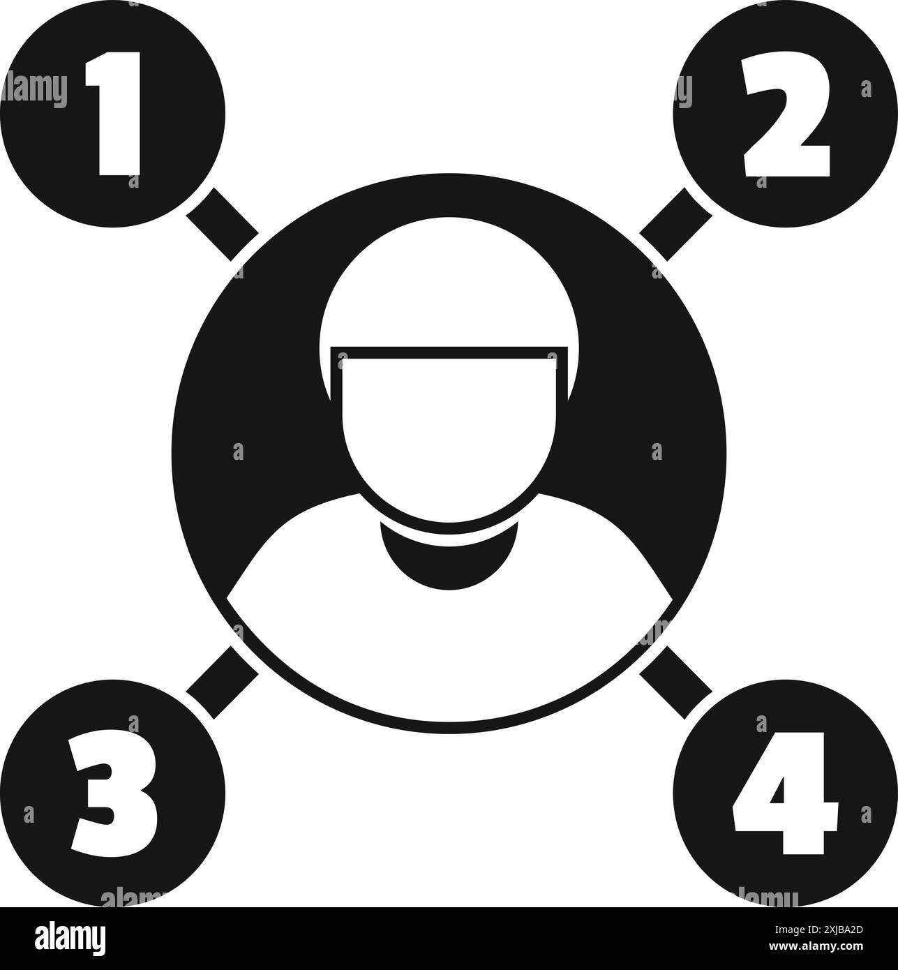 Icona che raffigura un project manager che supervisiona quattro fasi chiave del processo di sviluppo di un progetto Illustrazione Vettoriale