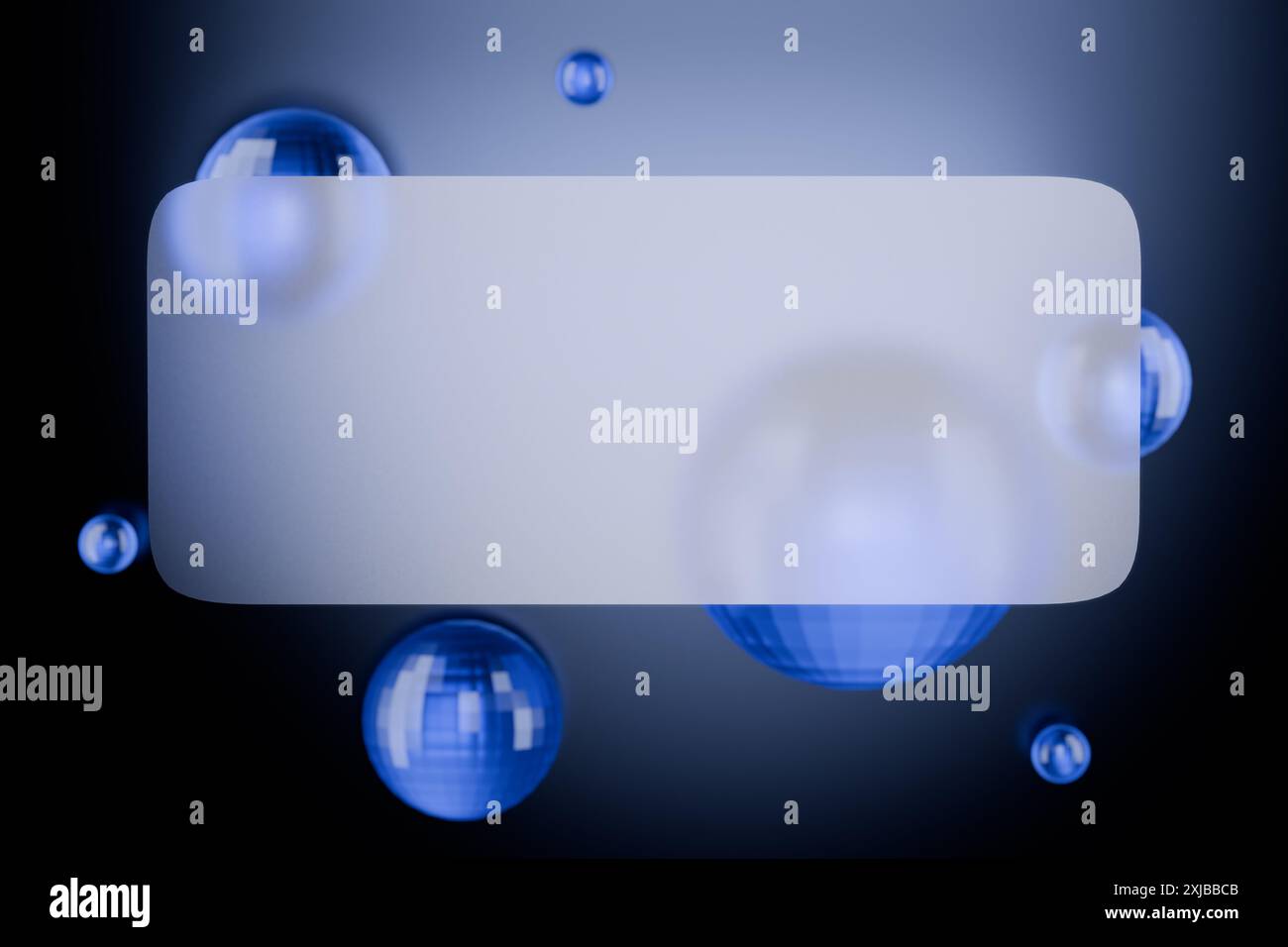 Glassmorfismo. Astratto di sfere fluttuanti blu e bianche su sfondo scuro. rendering 3d. Foto Stock