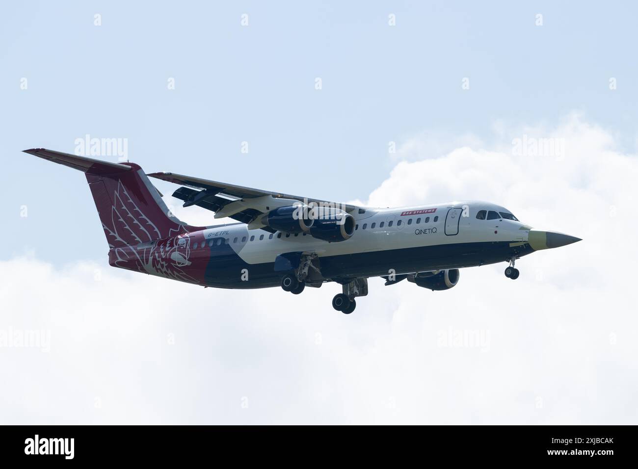British Aerospace 146 di QinetiQ arriva durante il Royal International Air Tattoo 2024 Arrivals Day presso RAF Fairford, Cirencester, Regno Unito, 17 luglio 2024 (foto di Cody Froggatt/News Images) Foto Stock