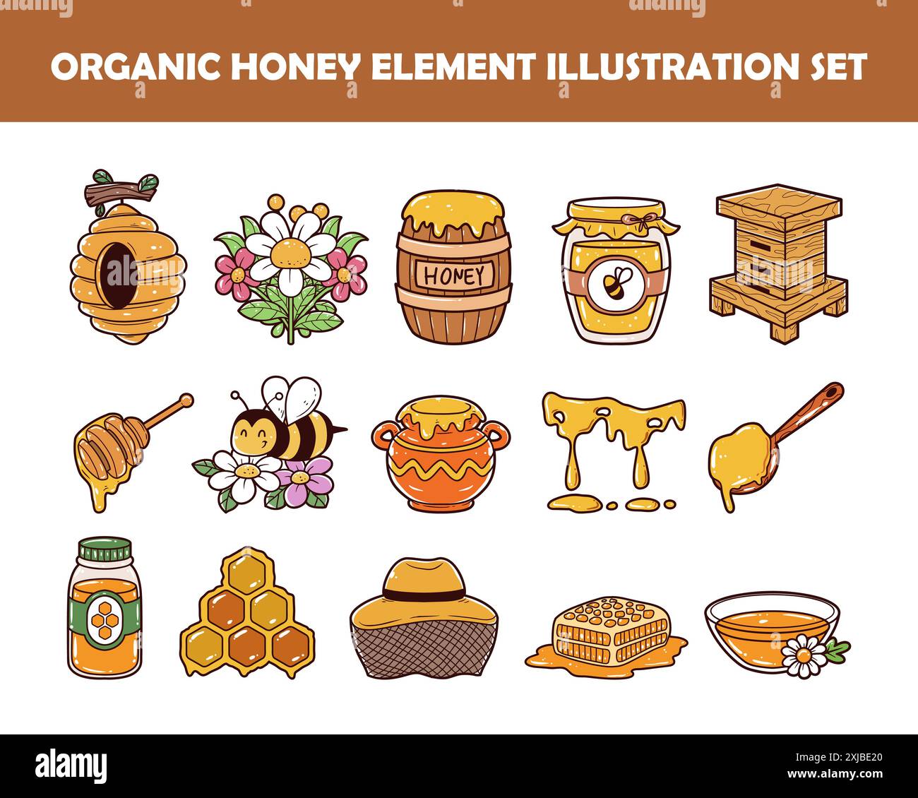 Set di illustrazioni vettoriali elementi miele organico Illustrazione Vettoriale