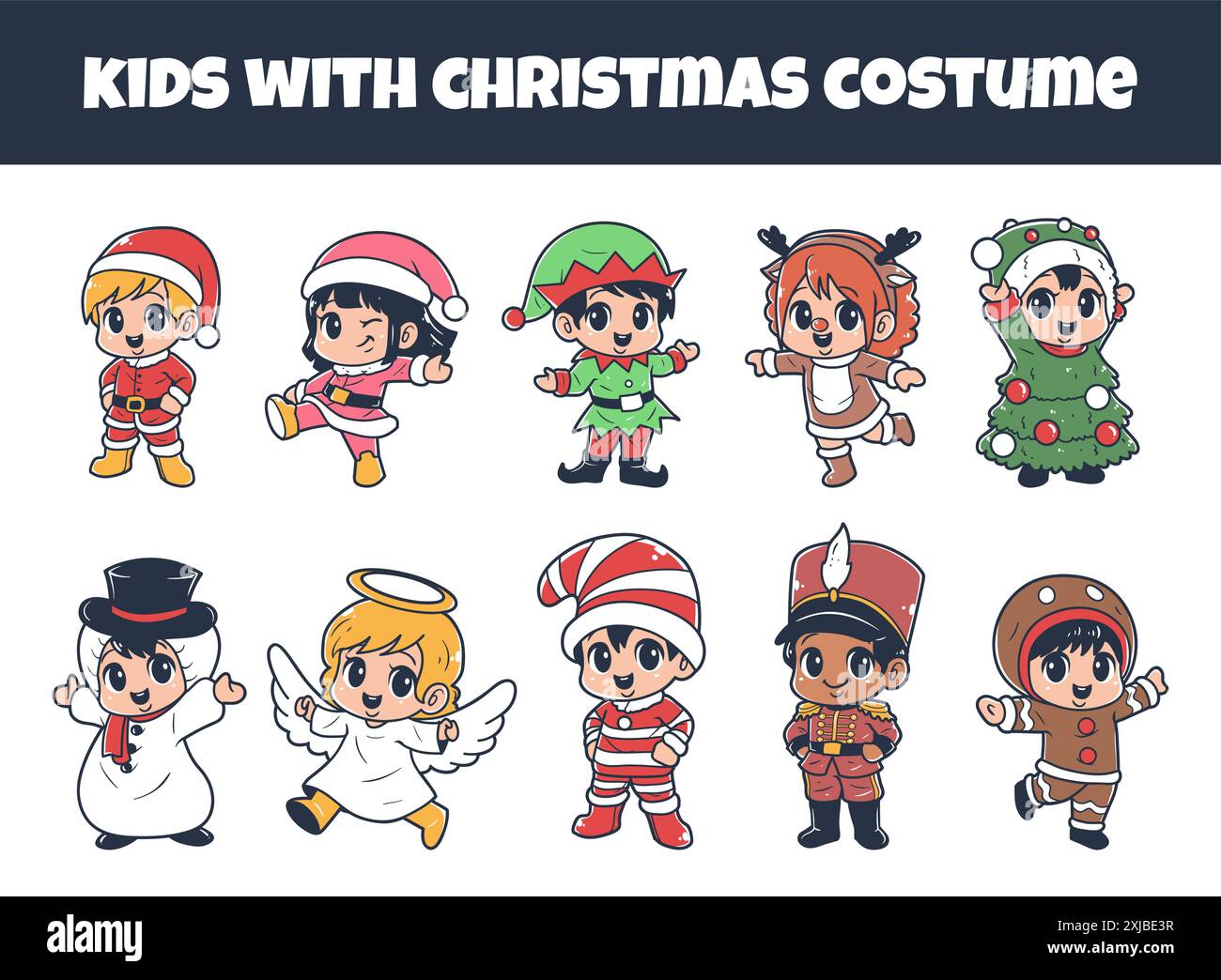 Collezione di simpatici personaggi per bambini che indossano costumi natalizi Illustrazione Vettoriale