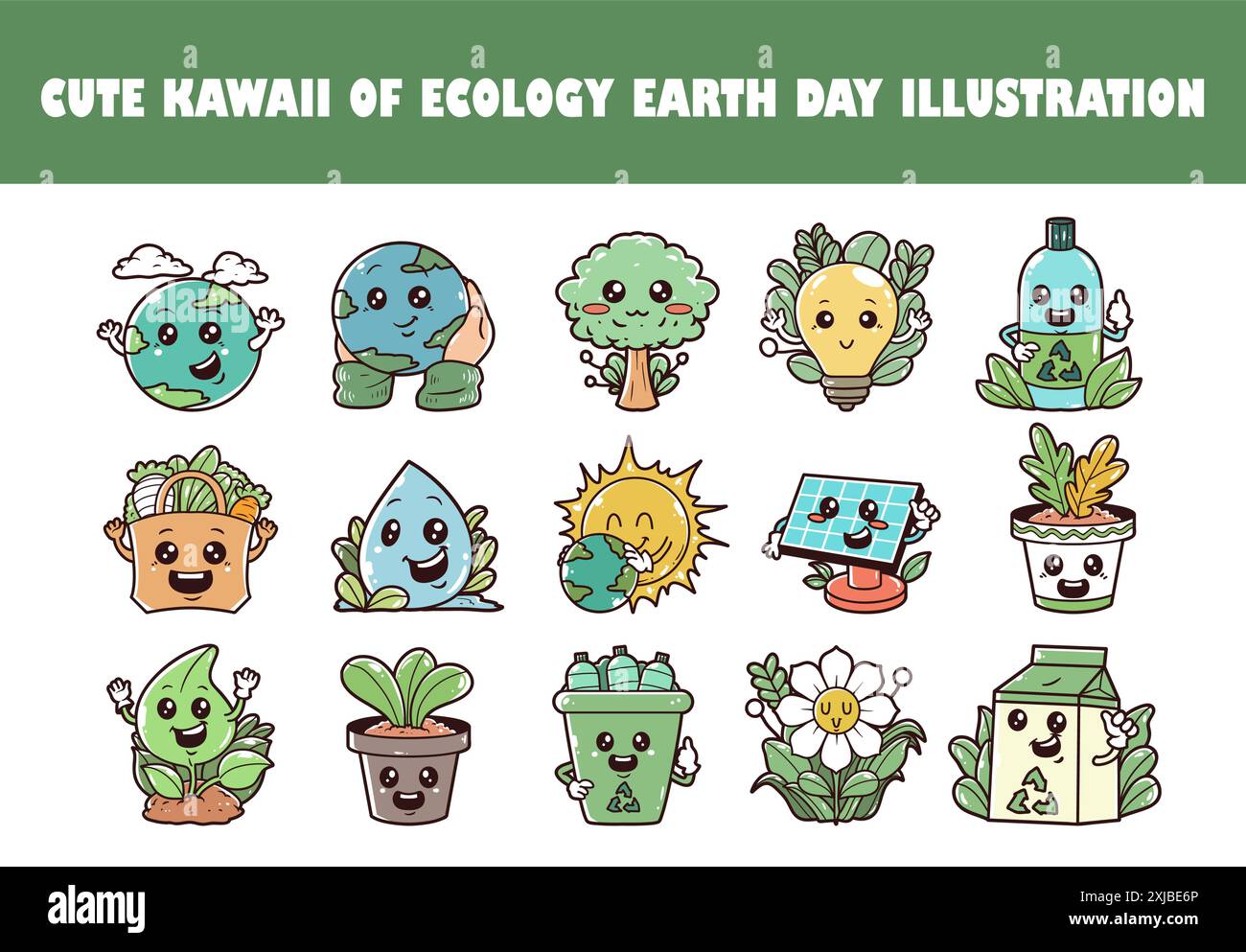 Carino kawaii dell'ecologia Earth Day, set di illustrazioni vettoriali Illustrazione Vettoriale