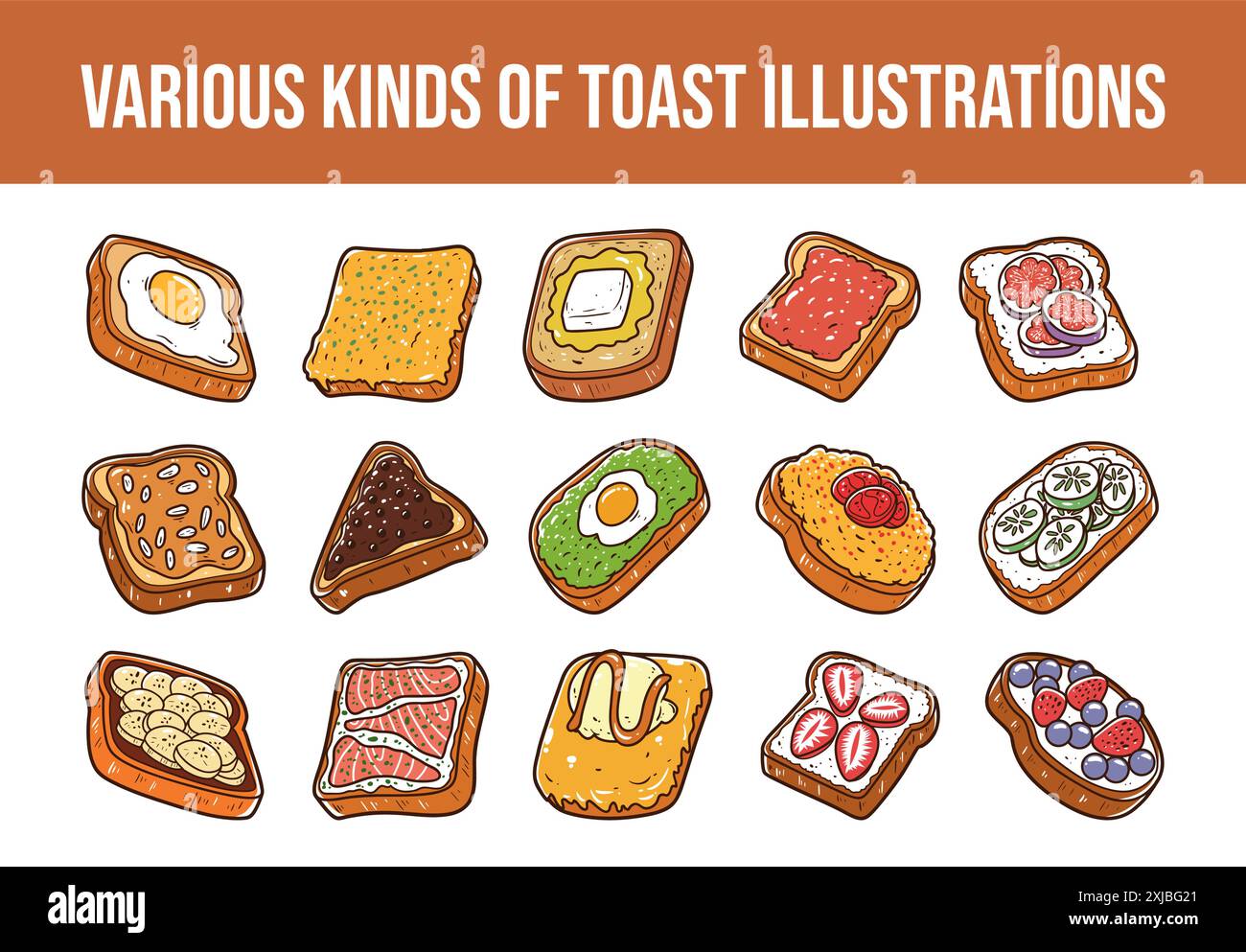 Vari tipi di set di illustrazioni vettoriali toast Illustrazione Vettoriale