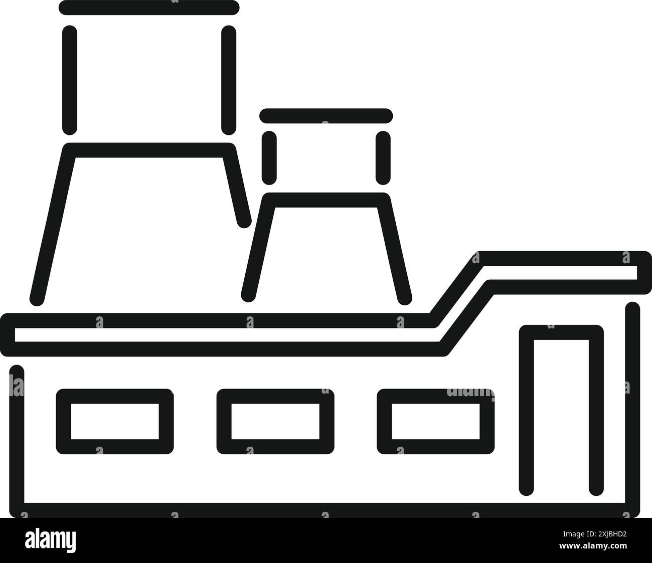 Icona della line art di un edificio di fabbrica con torri di raffreddamento che rilasciano vapore, simboleggiando i processi industriali e la produzione di energia Illustrazione Vettoriale