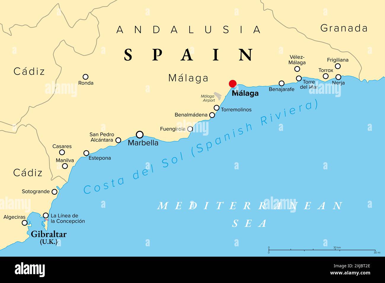 Costa del Sol, Riviera spagnola in Andalusia, mappa politica. Località turistica rinomata in tutto il mondo e regione a sud della Spagna, con Marbella e Malaga. Foto Stock