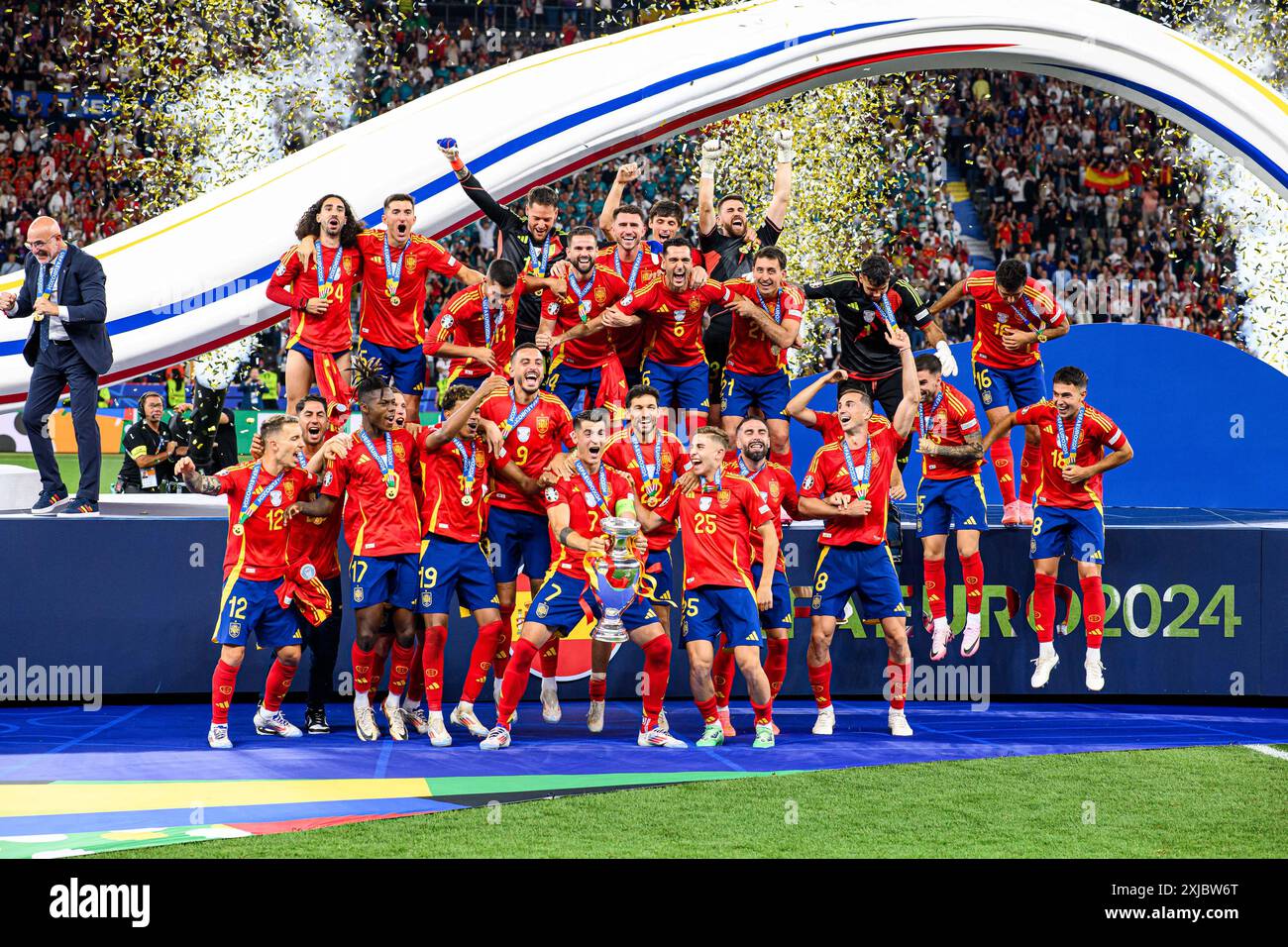 BERLINO, GERMANIA - 14 LUGLIO 2024: La squadra di Spagna è campione, la partita di calcio della finale EURO 2024 Spagna contro Inghilterra allo Stadio Olimpico Foto Stock