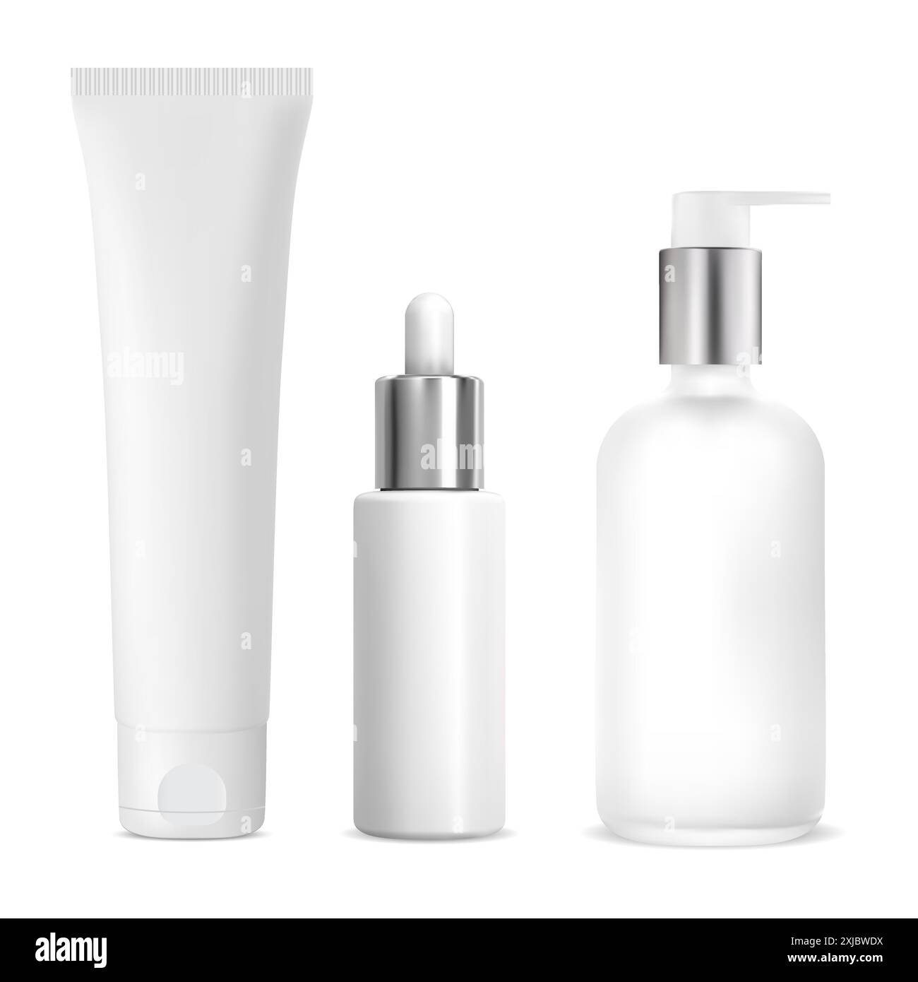 Set di bottiglie cosmetiche realistiche. Flacone con pompetta, contenitore per siero. Design del tubo per crema cosmetica. Lozione Airless flacon con dispenser argento, mock minimalista Illustrazione Vettoriale