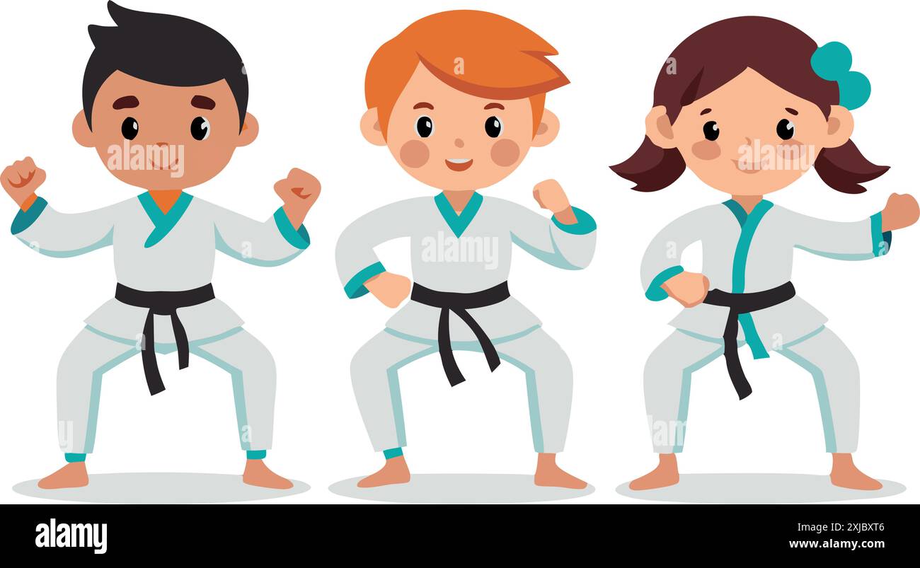 Bambini che praticano karate in uniformi bianche Illustrazione Vettoriale