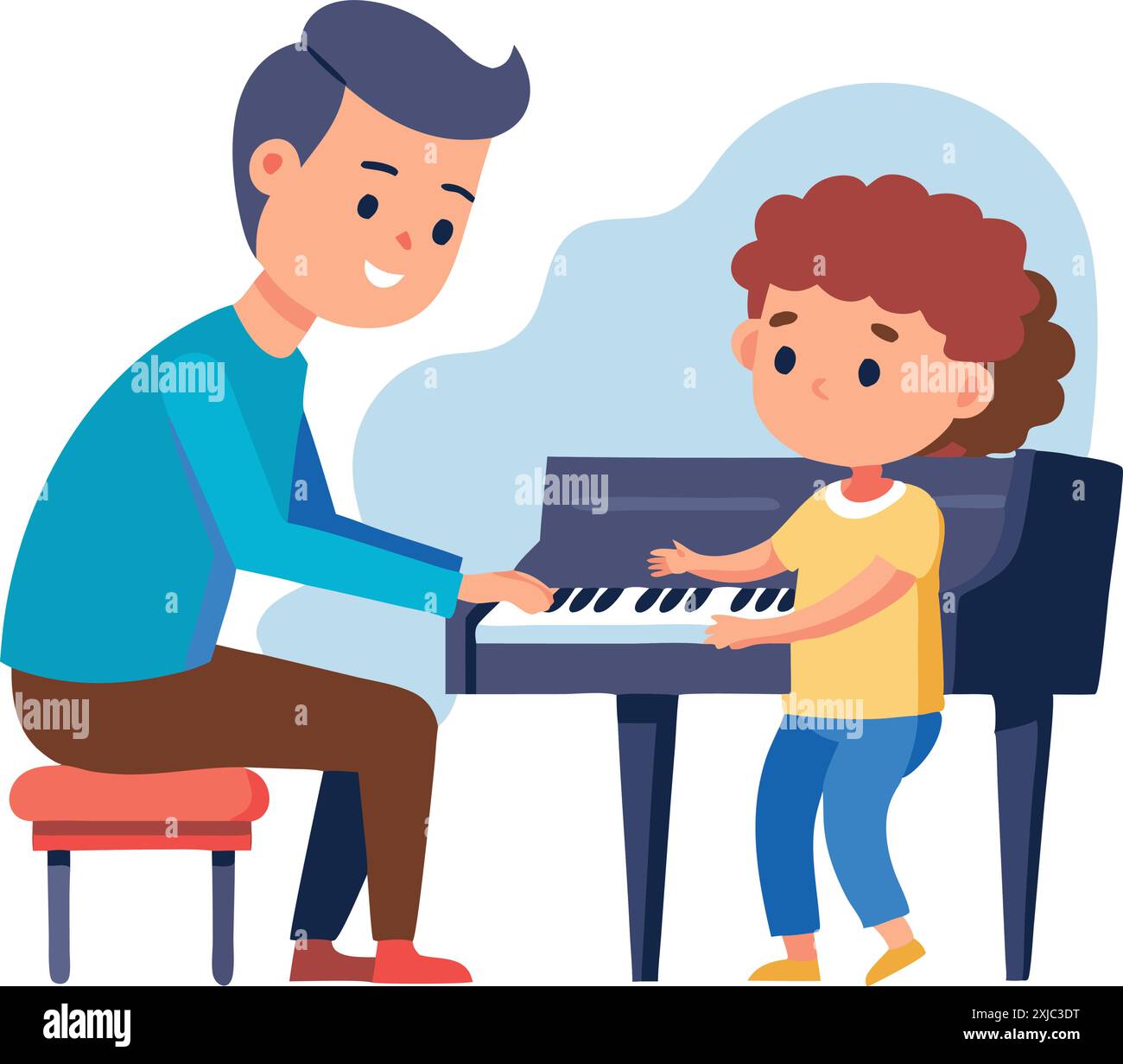 Colorato cartone animato di un bambino che impara il pianoforte con un istruttore incoraggiante. Una rappresentazione perfetta dell'educazione musicale e delle relazioni con i mentori. Illustrazione Vettoriale