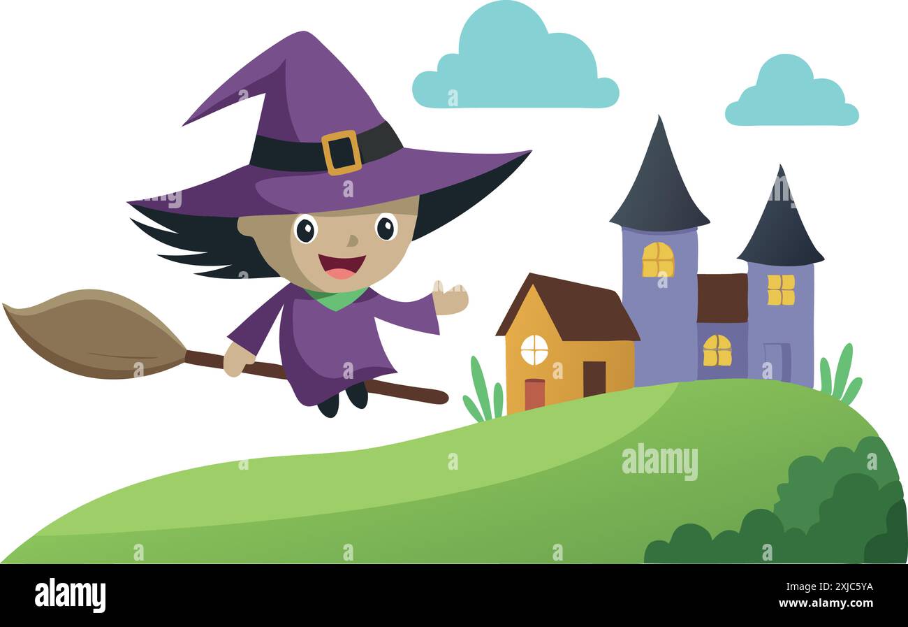 Colorato personaggio di una strega cartoni che vola su un paesaggio fantastico con case stravaganti e nuvole. Perfetto per Halloween e storie per bambini. Illustrazione Vettoriale