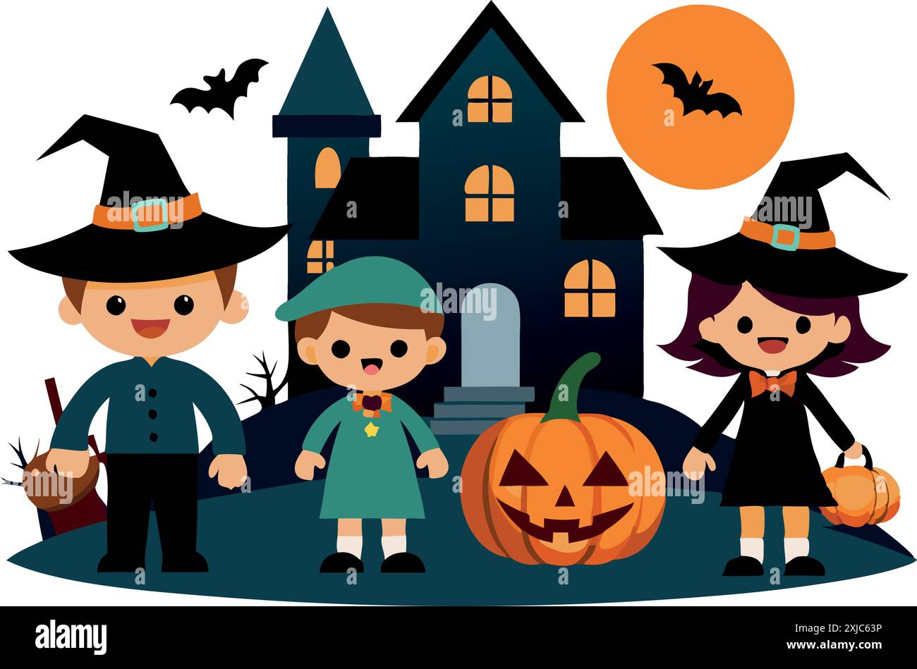 Scena illustrata di Halloween con bambini vestiti in costume, in piedi di fronte a una spaventosa casa infestata dai fantasmi con Jack-o'-lanterne e pipistrelli Illustrazione Vettoriale