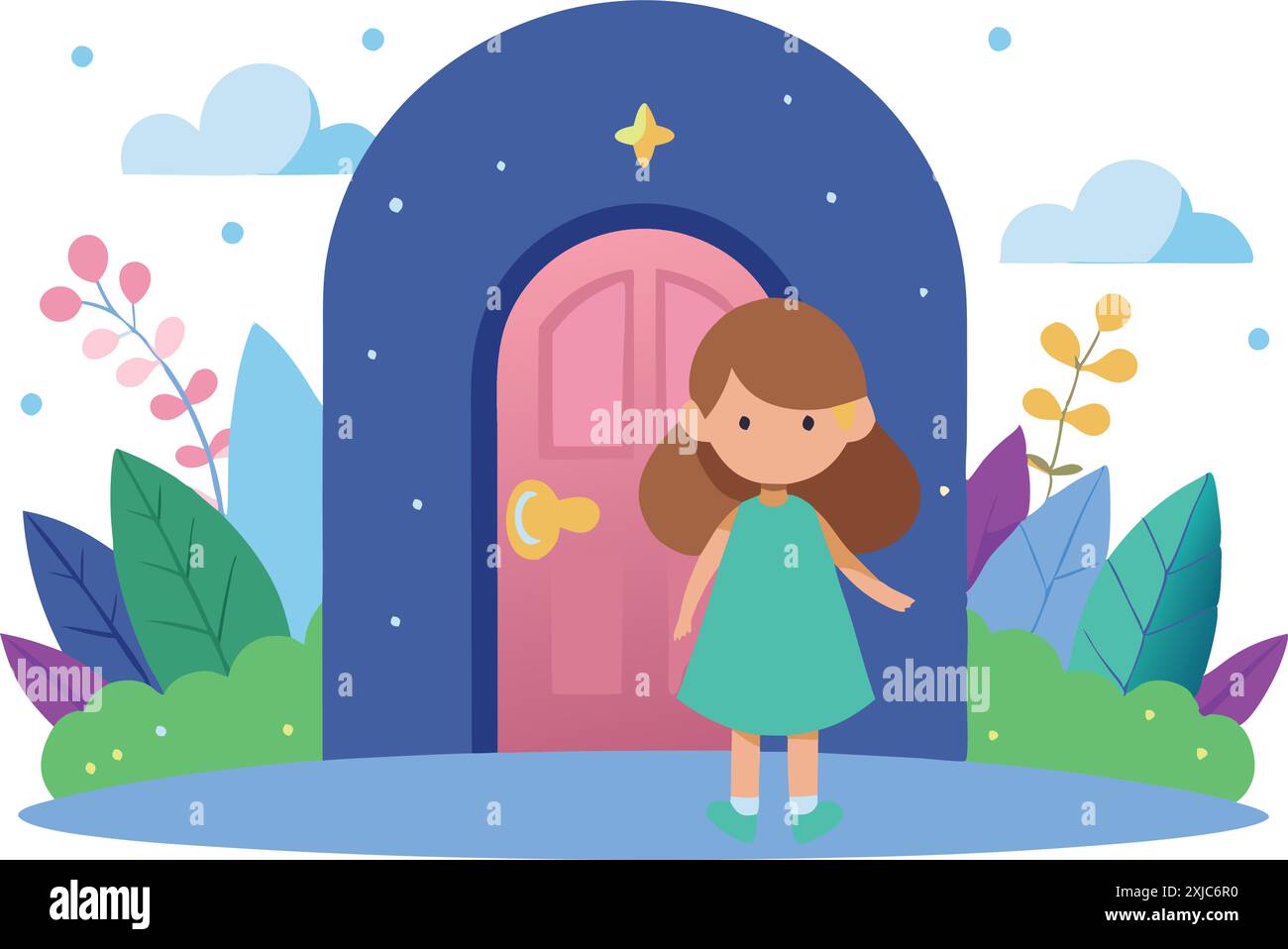 Illustrazione di una ragazza carina in piedi davanti a una porta colorata con sfondo giardino, che mostra una scena stravagante e allegra. Illustrazione Vettoriale