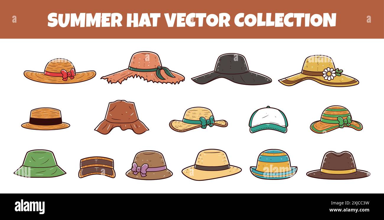 Set della collezione vettoriale di cappelli estivi Illustrazione Vettoriale
