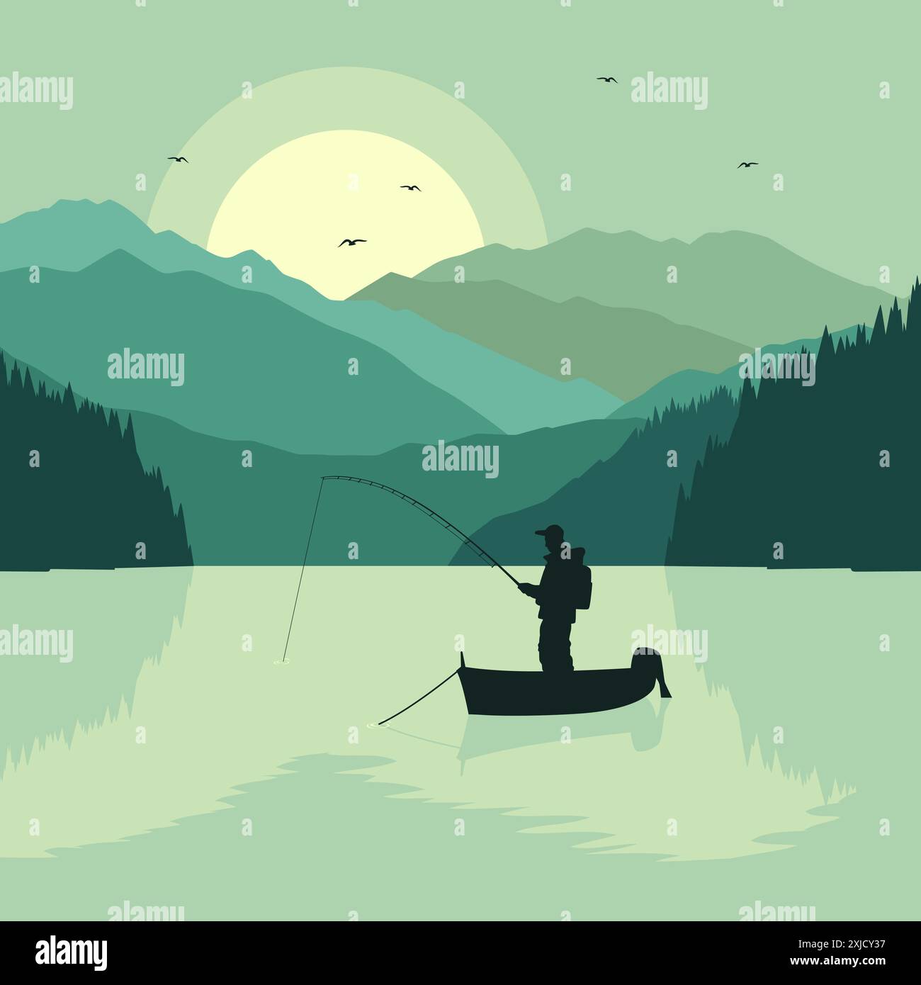 Illustrazione vettoriale di silhouette Fishing Man on a Boat in a Lake Illustrazione Vettoriale