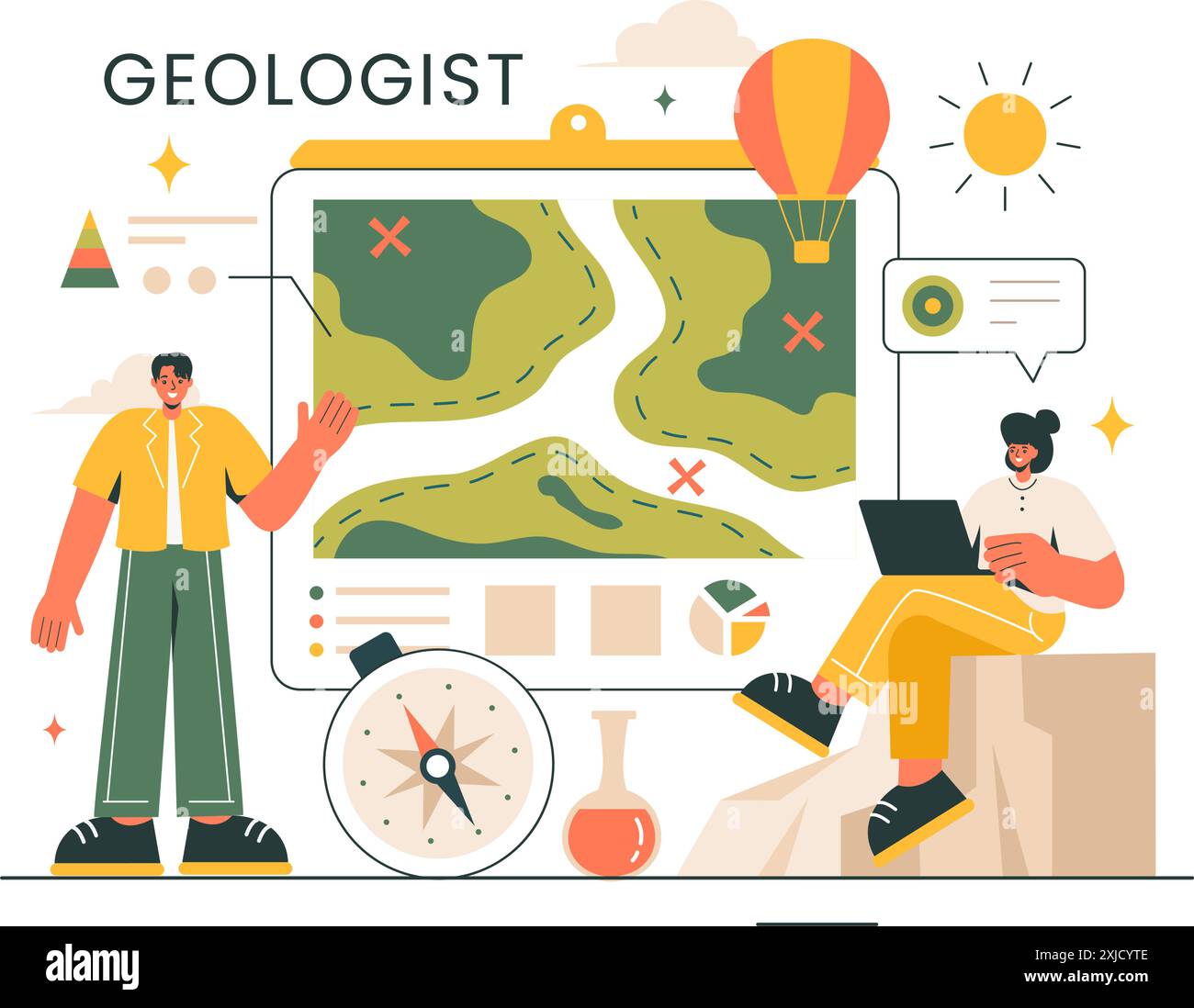 Illustrazione vettoriale geologa con analisi del suolo e caratteristiche della Terra per la scienza, la ricerca o la spedizione in Flat Cartoon sfondo disegnato a mano Illustrazione Vettoriale