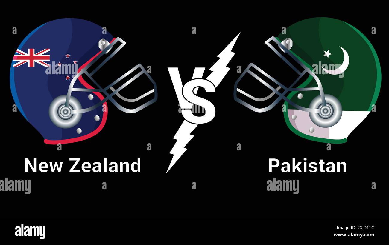 Bandiere vettoriali New Zealand vs Pakistan 3D Illustration sul casco da cricket per contro partita con sfondo nero Illustrazione Vettoriale