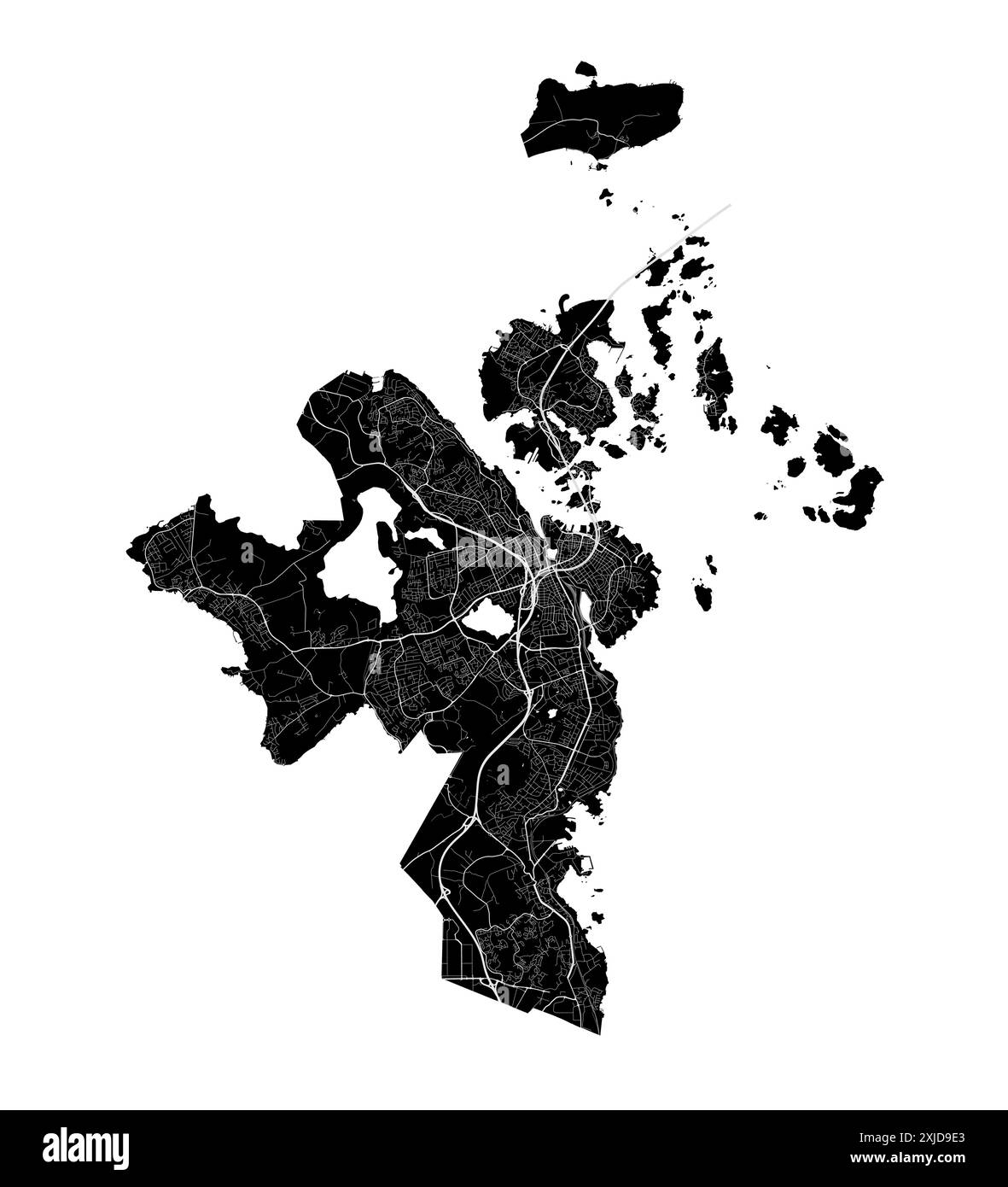 Mappa di Stavanger, Norvegia. Mappa vettoriale dettagliata della città, area metropolitana con confine. Mappa stradale in bianco e nero con strade e acqua. Illustrazione Vettoriale