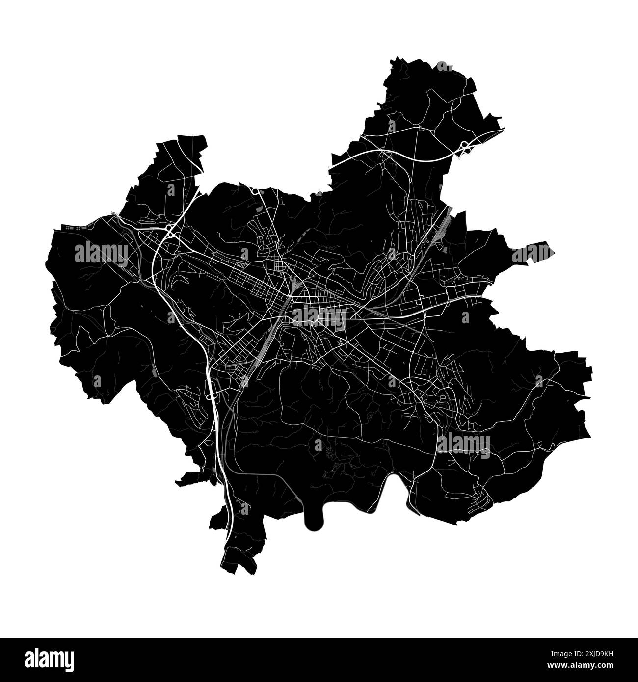 Mappa di Winterthur, Svizzera. Mappa vettoriale dettagliata della città, area metropolitana con confine. Mappa stradale in bianco e nero con strade e acqua. Illustrazione Vettoriale