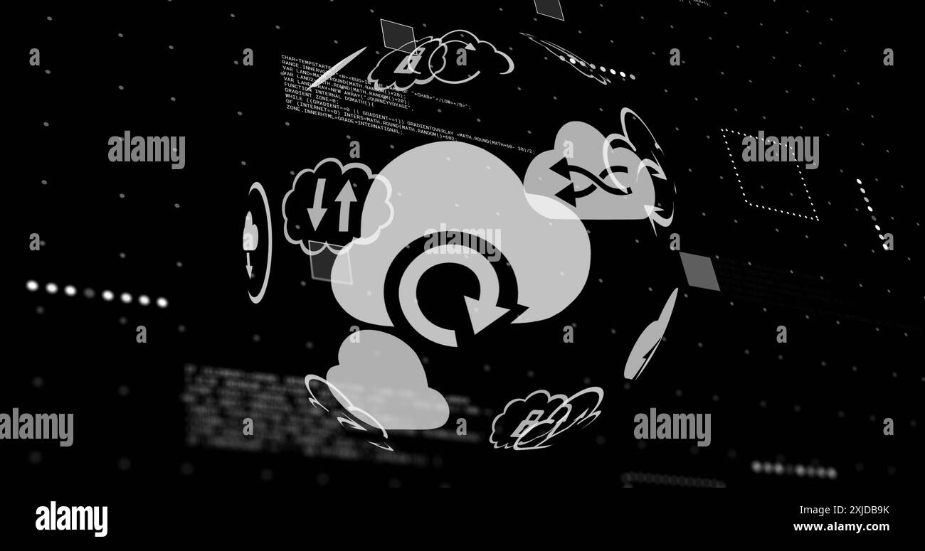 Immagine del globo con icone cloud ed elaborazione dei dati su sfondo nero Foto Stock