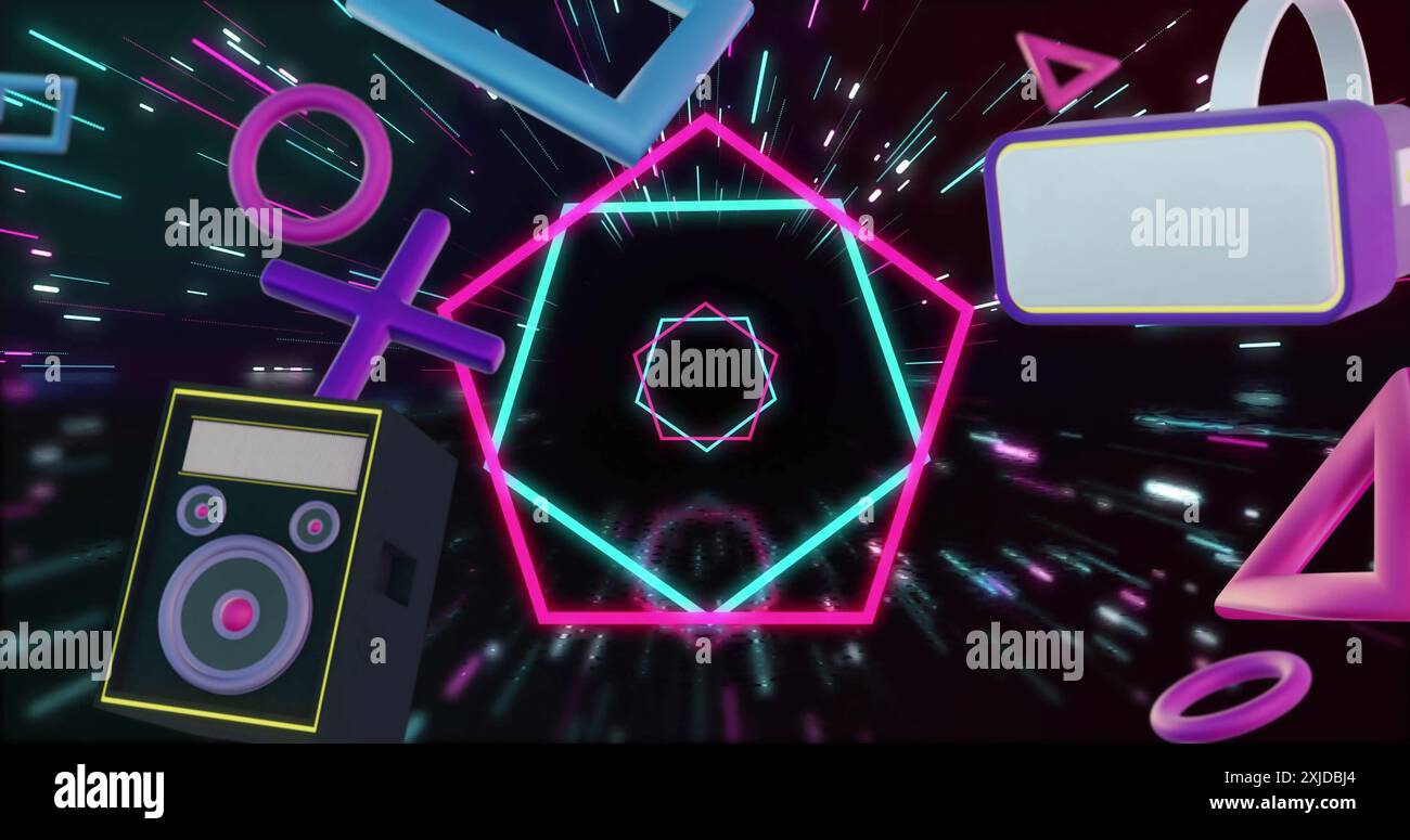 Immagine di controller di gioco e icone su esagoni al neon e luci su sfondo nero Foto Stock
