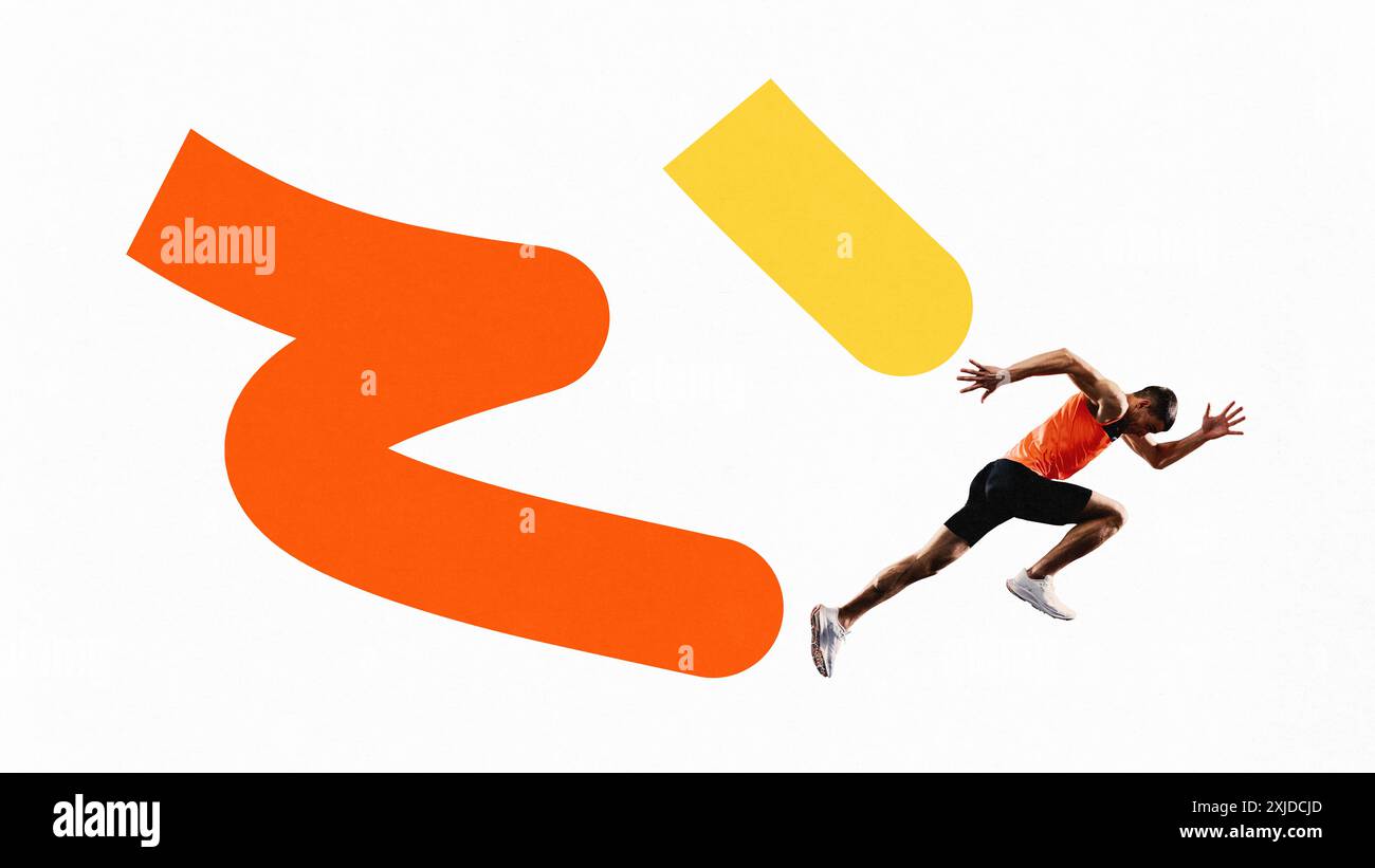 Poster. Collage d'arte contemporanea. Giovane atleta che corre in movimento con linee vibranti ripetono le sue mosse su sfondo bianco. Foto Stock