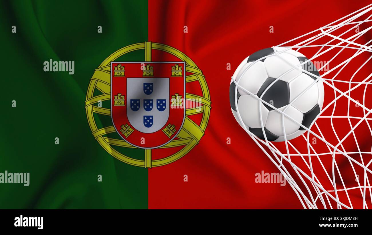 Pallone da calcio con la bandiera nazionale del Portogallo. Bandiera del Portogallo . Bandiera orizzontale realistica oscillante dello Stato del Portogallo . Illustrazione Vettoriale