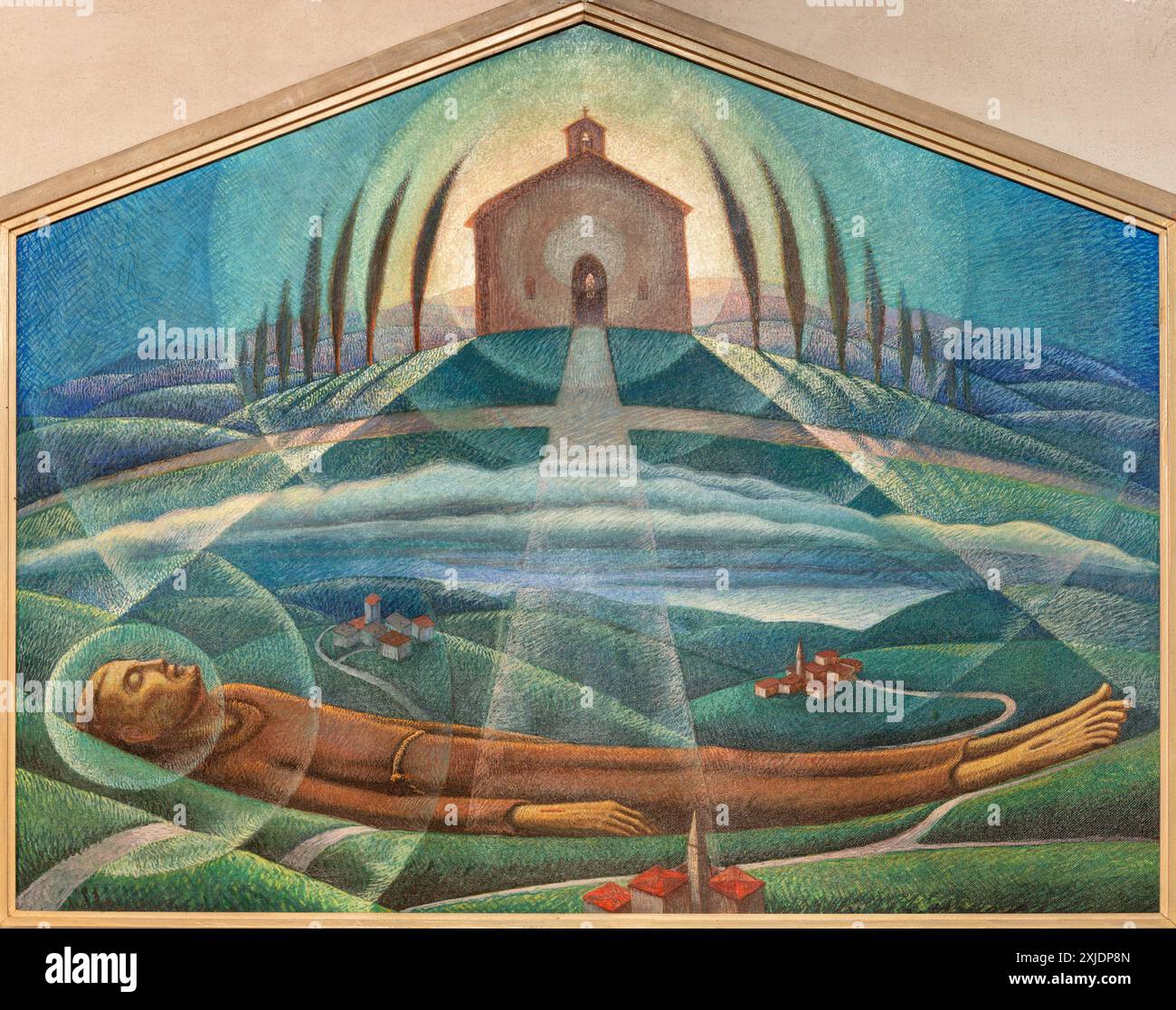 PERUGIA, ITALIA - 16 MAGGIO 2024: La pittura moderna della morte di San Francesco d'Assisi (transito) come parte del triptichon Foto Stock