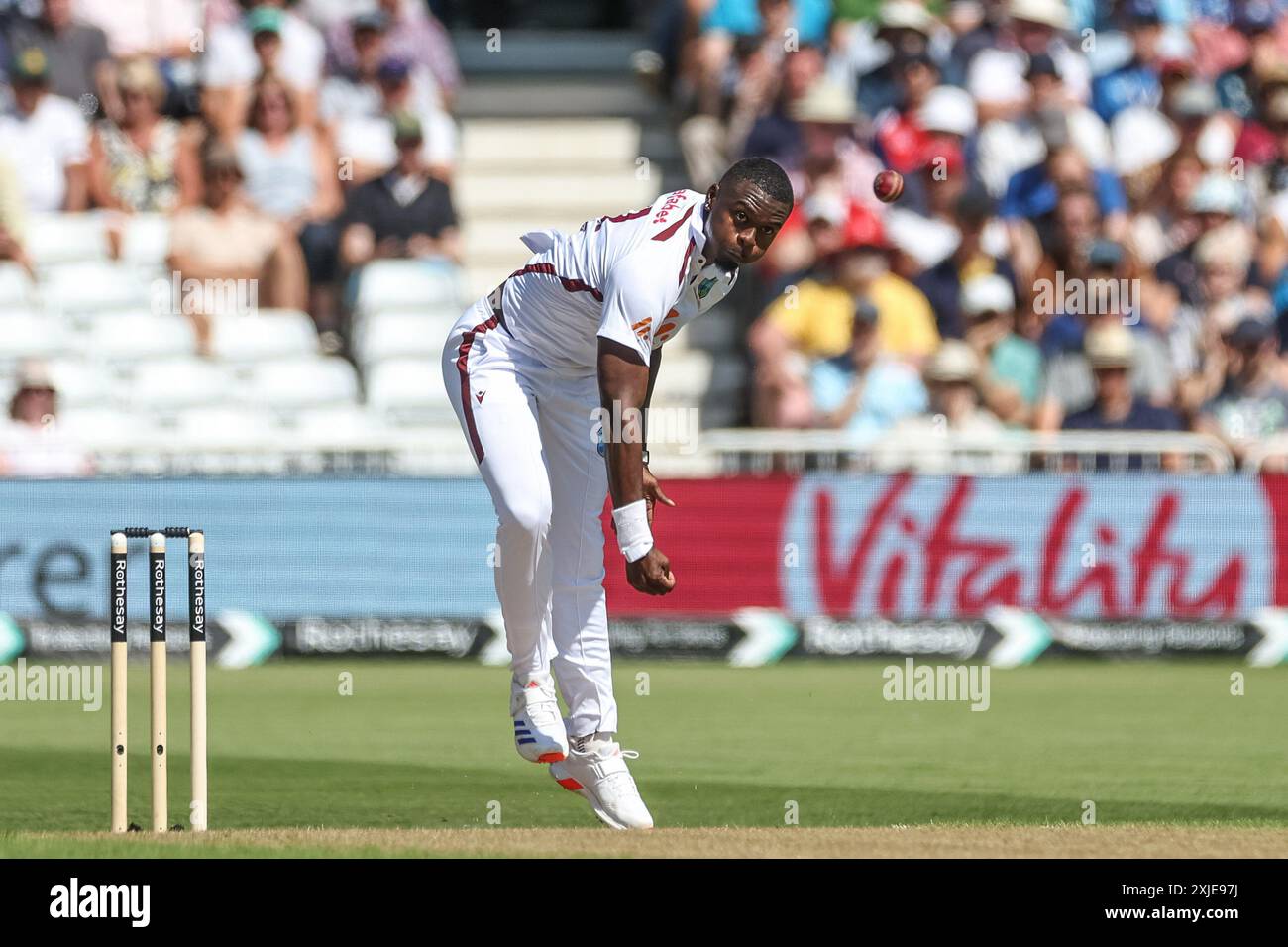 Nottingham, Regno Unito. 18 luglio 2024. Jayden Seales delle Indie occidentali durante la partita durante il 2° Rothesay test match Inghilterra vs West Indies a Trent Bridge, Nottingham, Regno Unito, 18 luglio 2024 (foto di Mark Cosgrove/News Images) a Nottingham, Regno Unito il 18/7/2024. (Foto di Mark Cosgrove/News Images/Sipa USA) credito: SIPA USA/Alamy Live News Foto Stock