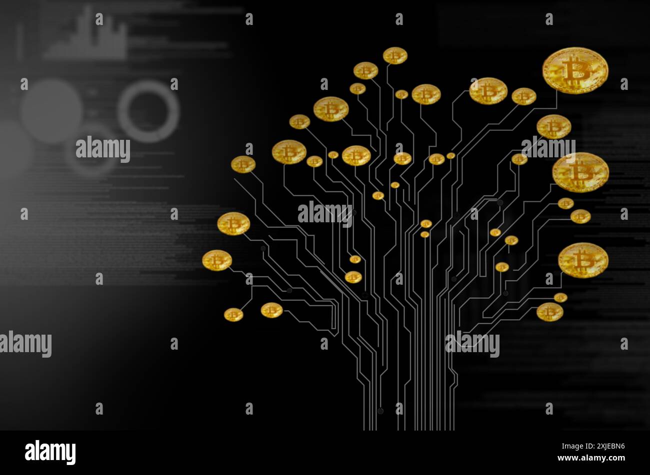Moneta, blockchain e criptovaluta virtuale come albero con mining, sicurezza e privacy per gli investimenti. Valuta digitale, circuito e denaro online con Foto Stock