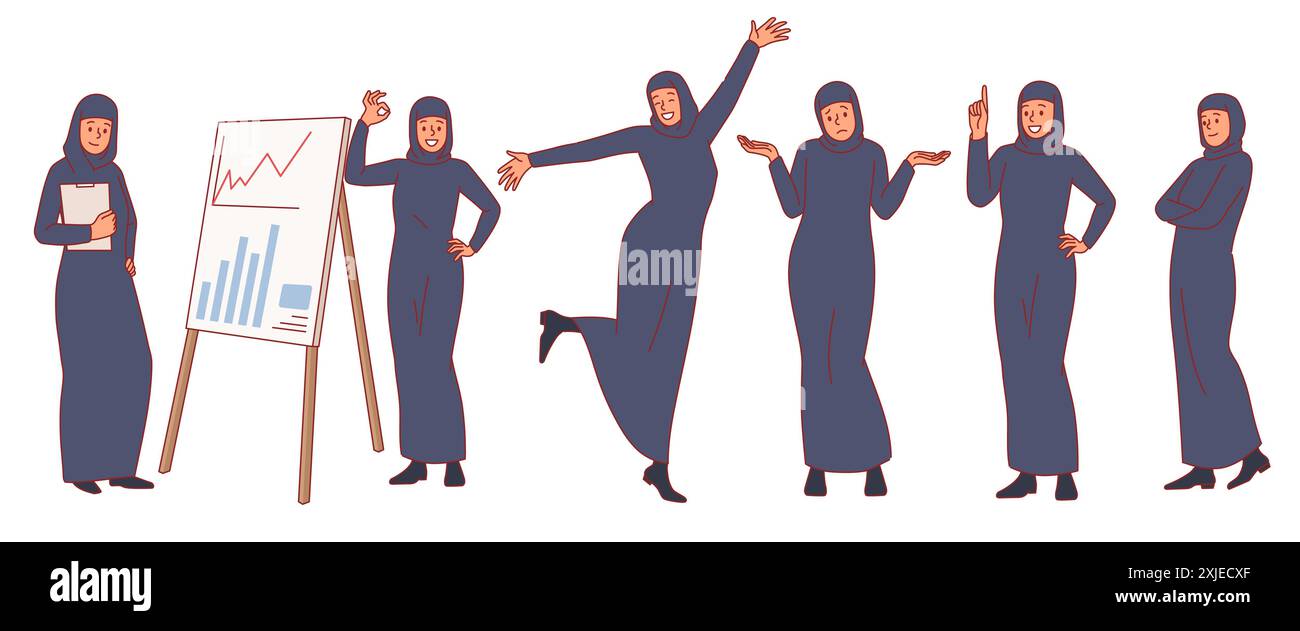 Donna d'affari musulmana di successo. Pose, azioni ed emozioni diverse, personaggio femminile felice araba in hijab, tabellone di presentazione, dama di Dubai Illustrazione Vettoriale