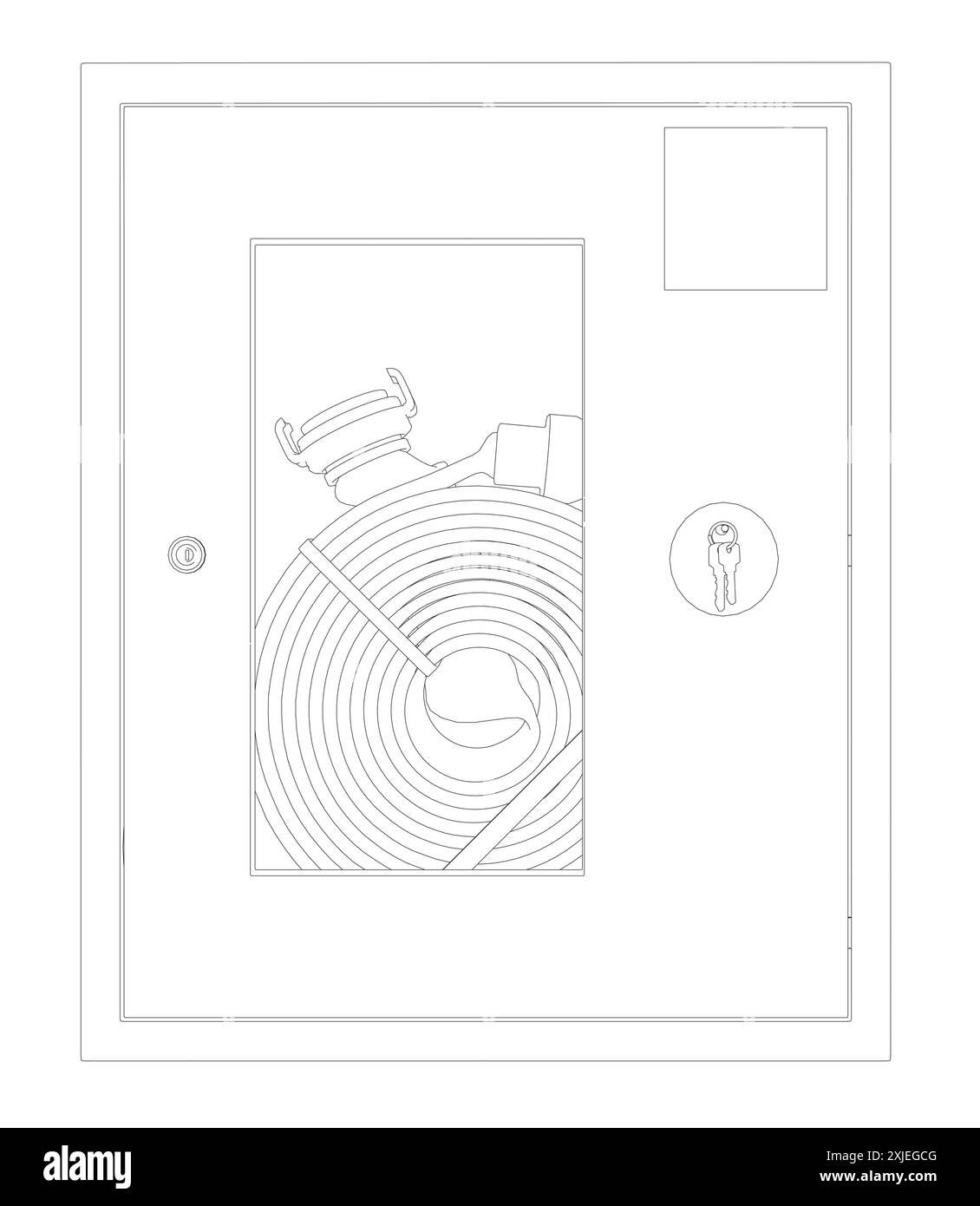 Icona del vettore del tubo antincendio o del tubo flessibile antincendio. Include ugello, avvolgitubo. Estintore o attrezzatura di sicurezza in una parete in scatola di acciaio per estinguere i vigili del fuoco, f Illustrazione Vettoriale