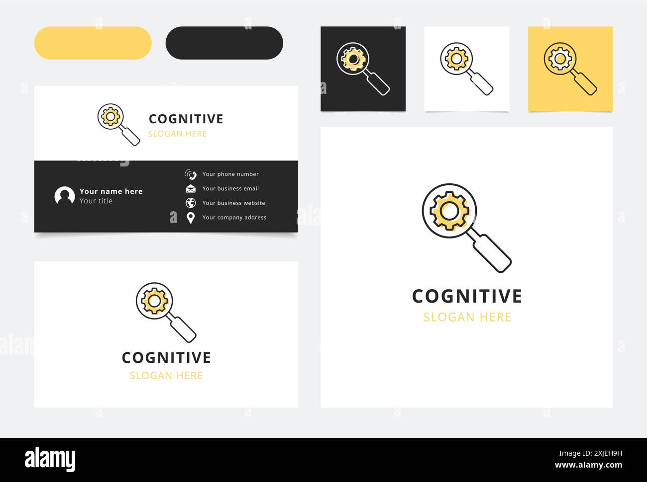 Lente d'ingrandimento per analizzare un ingranaggio: Un logo per i processi cognitivi Illustrazione Vettoriale