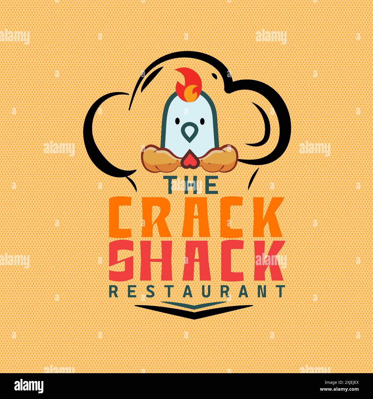 Logo The CRACK SHACK Restaurant Emblem. Pollo con pezzi di gamba nel cappello da chef con fuoco e cuore. Illustrazione Vettoriale