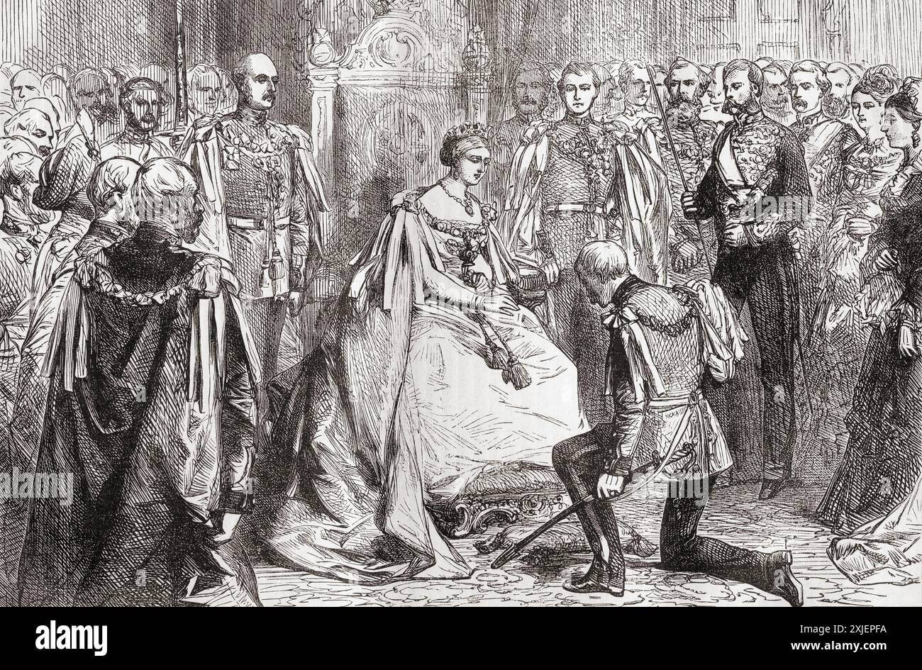 Regina Vittoria che detiene la prima investitura dell'ordine della Stella d'India, 1861. Victoria, 1819 – 1901. Regina del Regno Unito di Gran Bretagna e Irlanda, 1837 - 1901. Da Cassell's Illustrated History of England, pubblicato intorno al 1880. Foto Stock