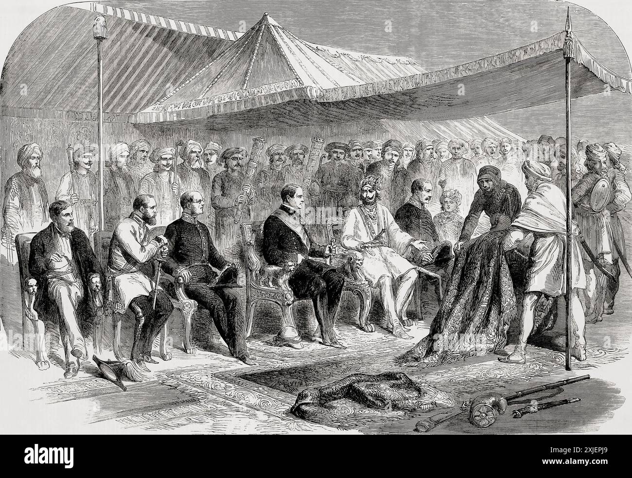Intervista a Sealkote, il 9 marzo 1860, tra il Maharajah Runjeet Singh di Cashmere e sua eccellenza Lord Canning. Dal London Illustrated News, pubblicato nel 1860. Foto Stock
