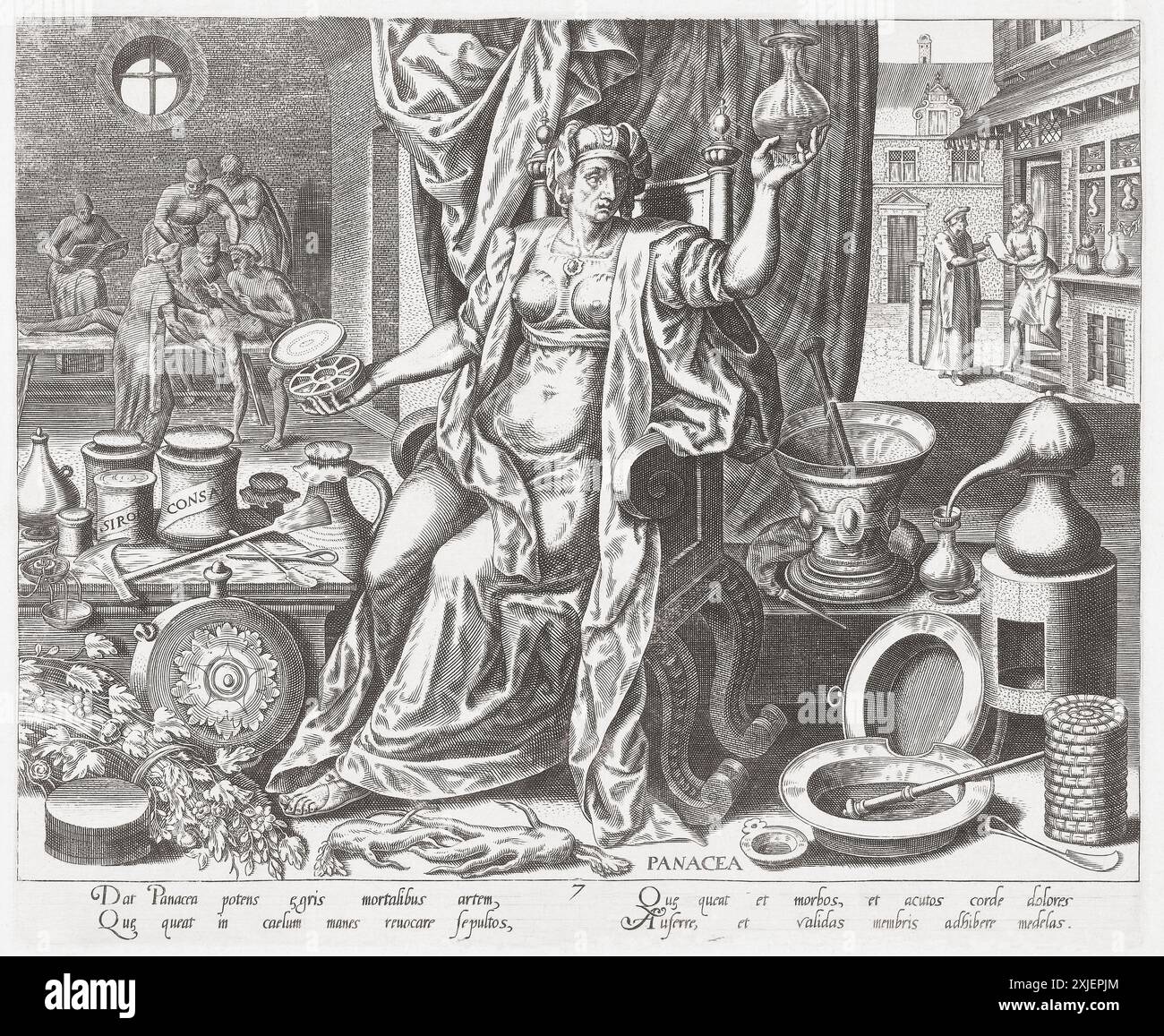 La dea romana del rimedio universale panacea come personificazione della medicina. Una figura femminile seduta tiene una scatola rotonda aperta nella mano destra e un orinatoio nella sinistra. Accanto a lei un mortaio, una storta e vari vasi di unguento. Da una stampa di Philips Galle dopo un lavoro di Frans Floris. Foto Stock