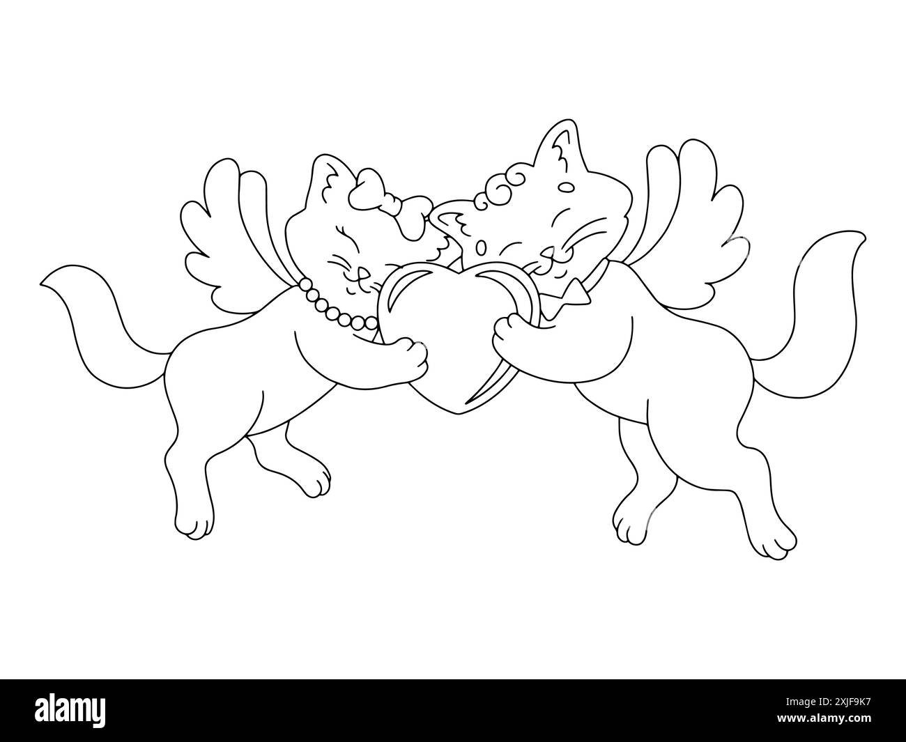 Gatti innamorati. Pagina di libri da colorare per bambini. Personaggio in stile cartoni animati. Illustrazione vettoriale isolata su sfondo bianco. San Valentino. Illustrazione Vettoriale