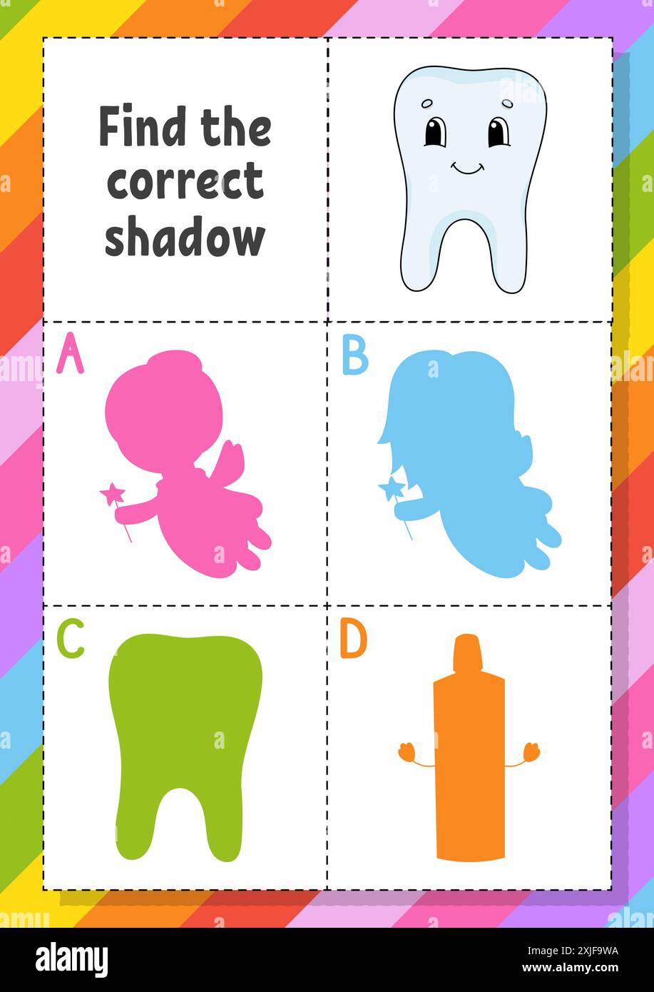Trovare l'ombra corretta. Foglio di lavoro per lo sviluppo dell'istruzione per i bambini. Puzzle game. Pagina attività. personaggio dei cartoni animati. Illustrazione vettoriale. Illustrazione Vettoriale