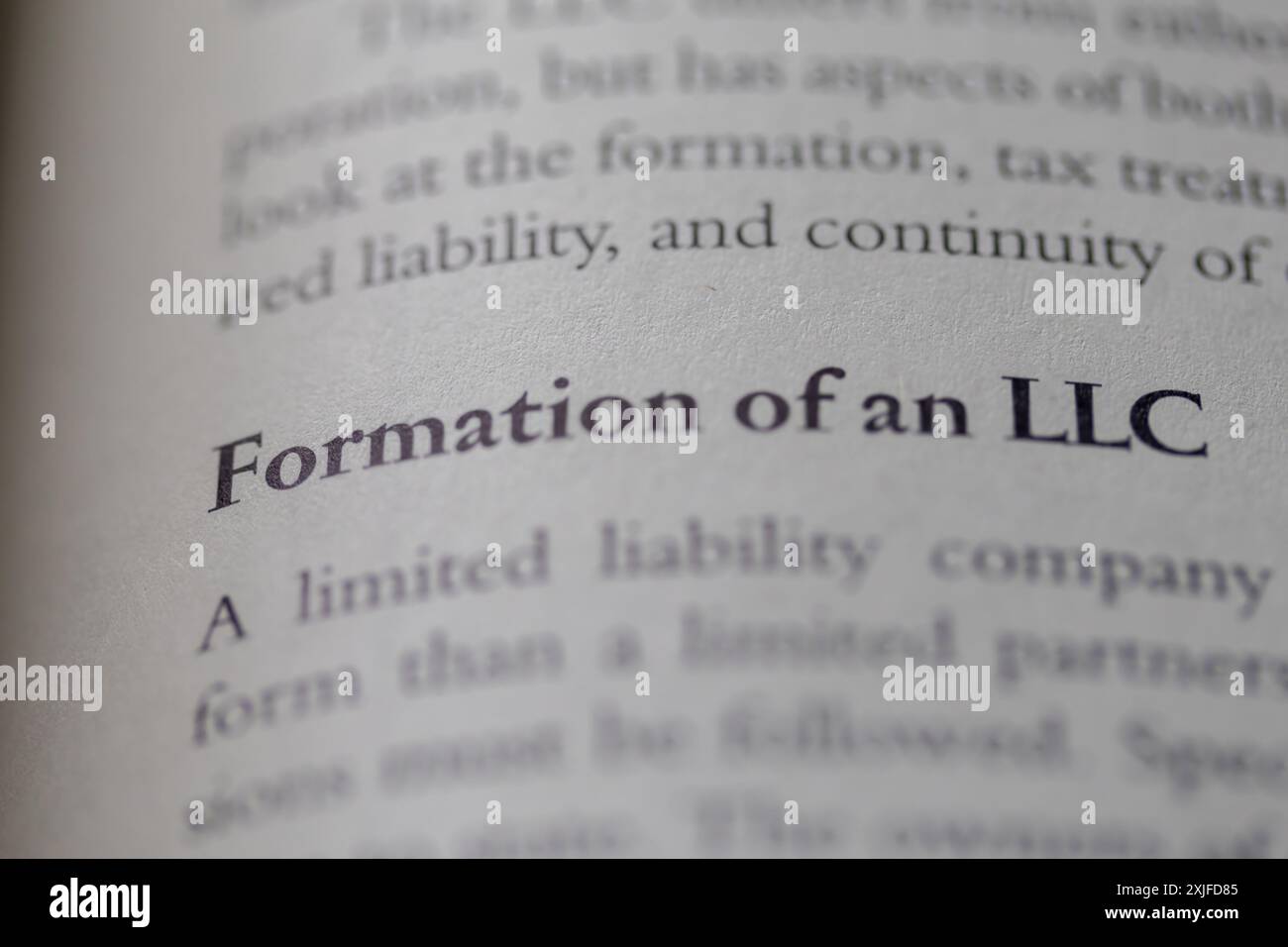 Società a responsabilità limitata LLC stampata in testo a pagina come supporto visivo o riferimento al diritto commerciale Foto Stock